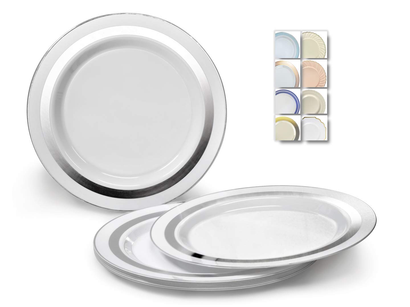 60 Heavyweight Disposable Plastic Plates for Weddings & Parties - 10.5'' Dinner Plates in Elegant Soleil White & Silver - Perfect for Wedding Receptions, Birthday Parties, and Special Events