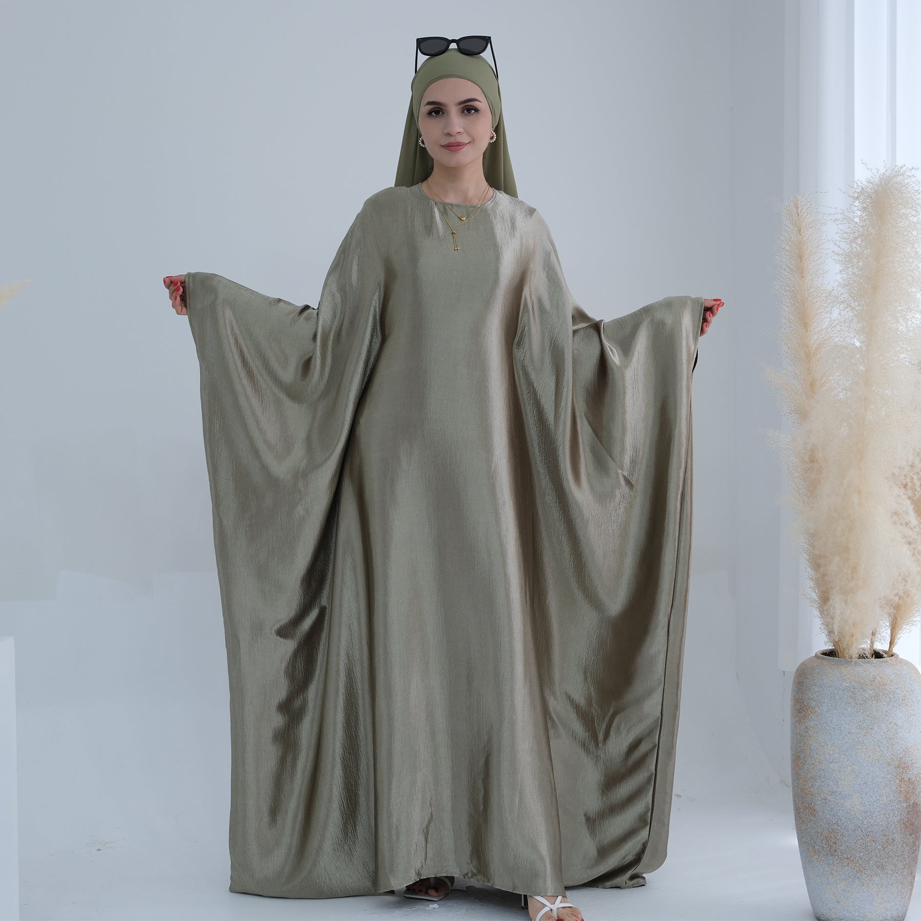 Elegant Alisha Butterfly Satin Abaya Dress - Sage Green Islamic Prayer Gown for Women | Perfect for Eid, Mosque & Special Occasions