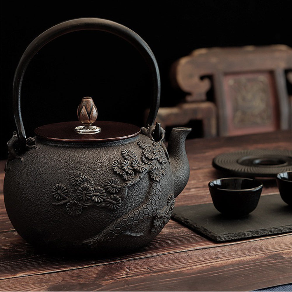 Premium Pine & Crane Cast Iron Teapot - Japanese Tetsubin Style for Loose Leaf Tea Brewing - Perfect for Tea Ceremonies, Home Use & Gifts