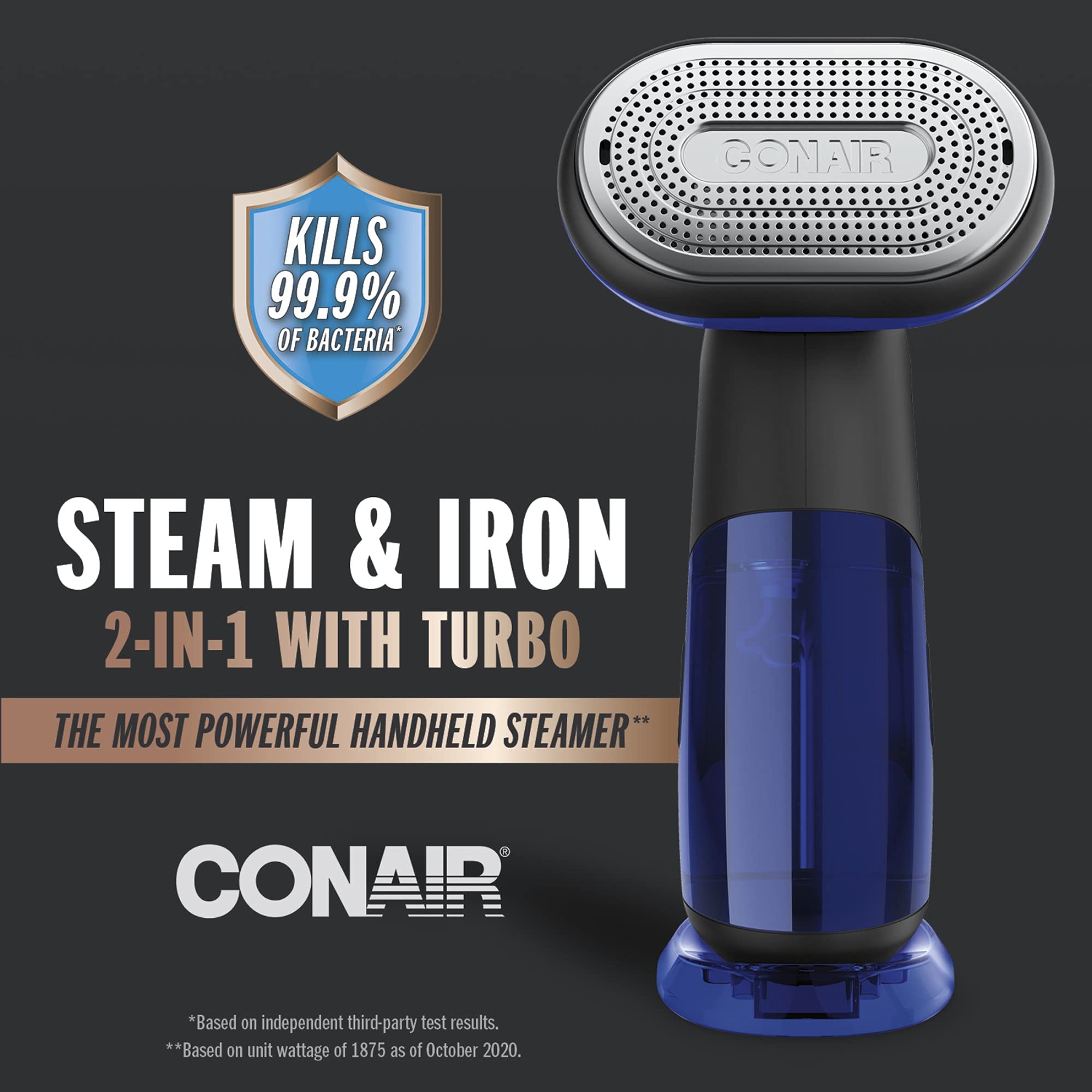Conair 2-in-1 Handheld Steamer and Iron for Clothes - 1875W Turbo ExtremeSteam Garment Steamer & Clothing Iron (Black/Blue) | Perfect for Travel, Home Use & Quick Wrinkle Removal