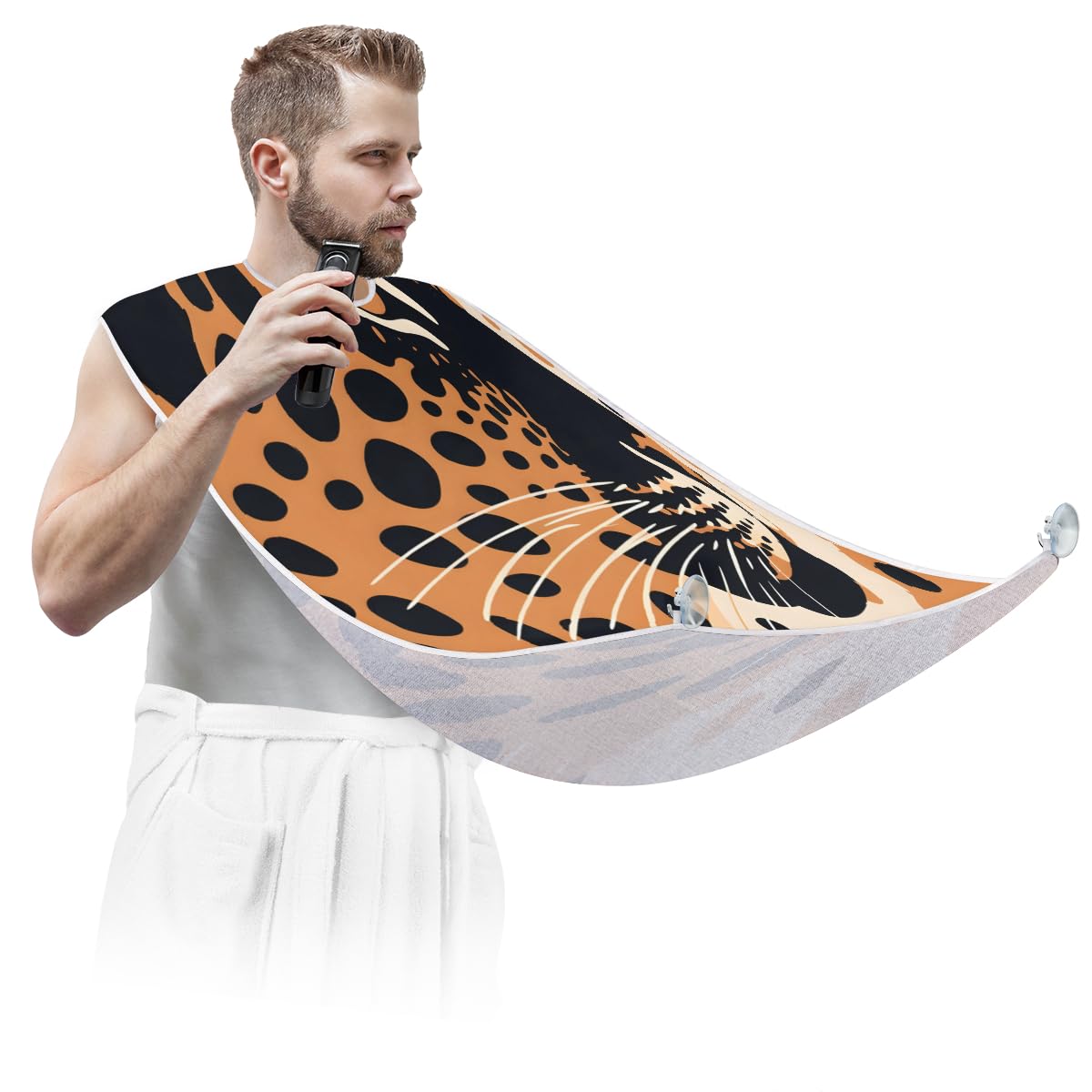 Cartoon Leopard Print Barber Bib for Men & Women - Waterproof Shaving & Hair Dye Apron with Sink Catcher - Perfect for Beard Trimming, Makeup, Haircuts & Salon Styling (Great Gift for Barbers & Stylists)