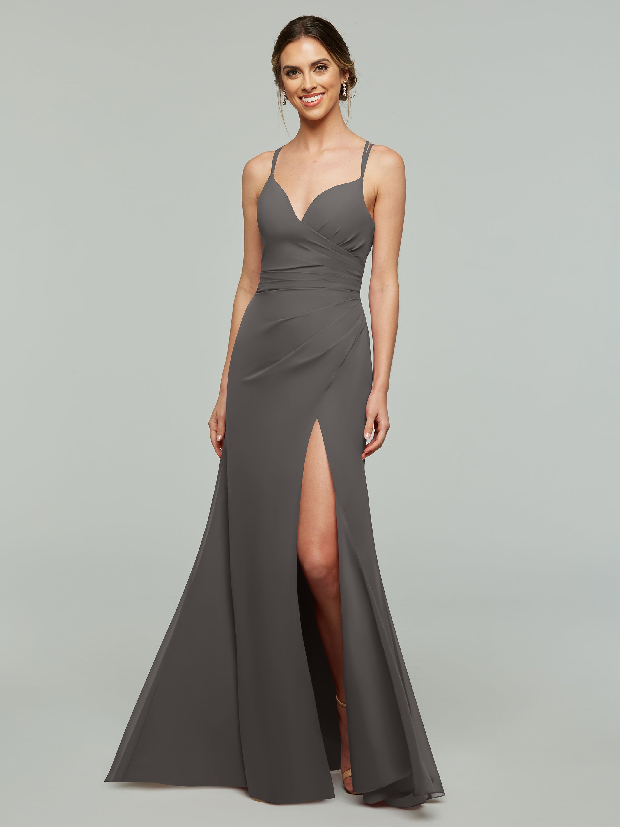 Elegant 80130 Chiffon Sheath Bridesmaid Dress - V Neck & High Slit Design for Weddings, Formal Events & Special Occasions