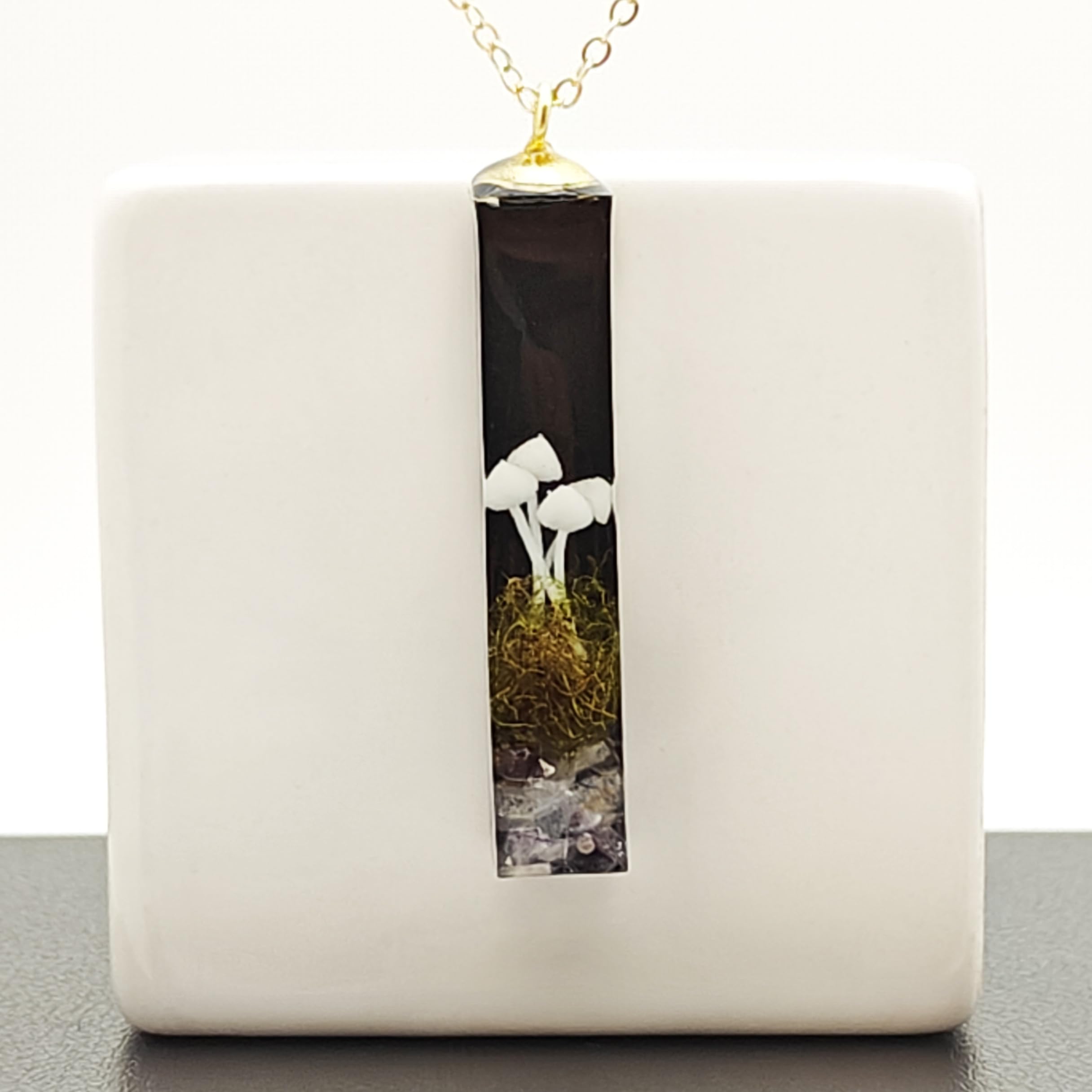 Handmade 3D Mushroom Landscape Black Cube Resin Pendant Necklace for Women - 18k Gold Plated Chain, Boho Nature Jewelry Gift for Her | Perfect for Casual Wear, Outdoor Adventures & Nature Lovers