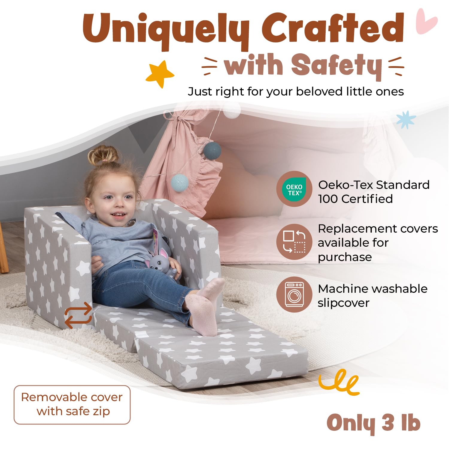 Delsit Convertible Kids Couch - 2-in-1 Toddler Armchair & Lounger with Flip Out Design, Soft Foam Sofa for Children's Room & Playroom | Made in Europe | Perfect for Reading, TV Time & Playdates