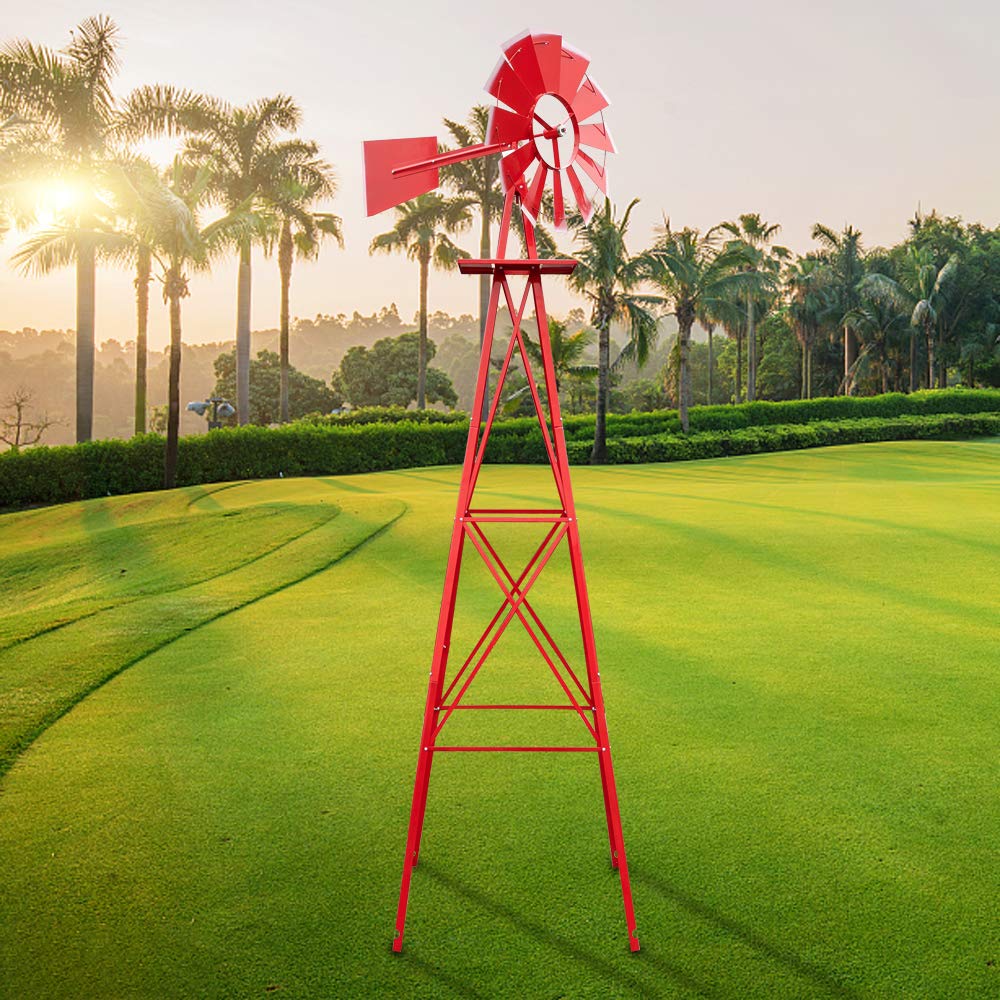 8FT Red Heavy Duty Metal Windmill - Weather Resistant Outdoor Garden Decor for Lawn, Yard & Patio - Beautifully Designed Windmill Ornament for Home Landscaping & Farmhouse Style Decoration
