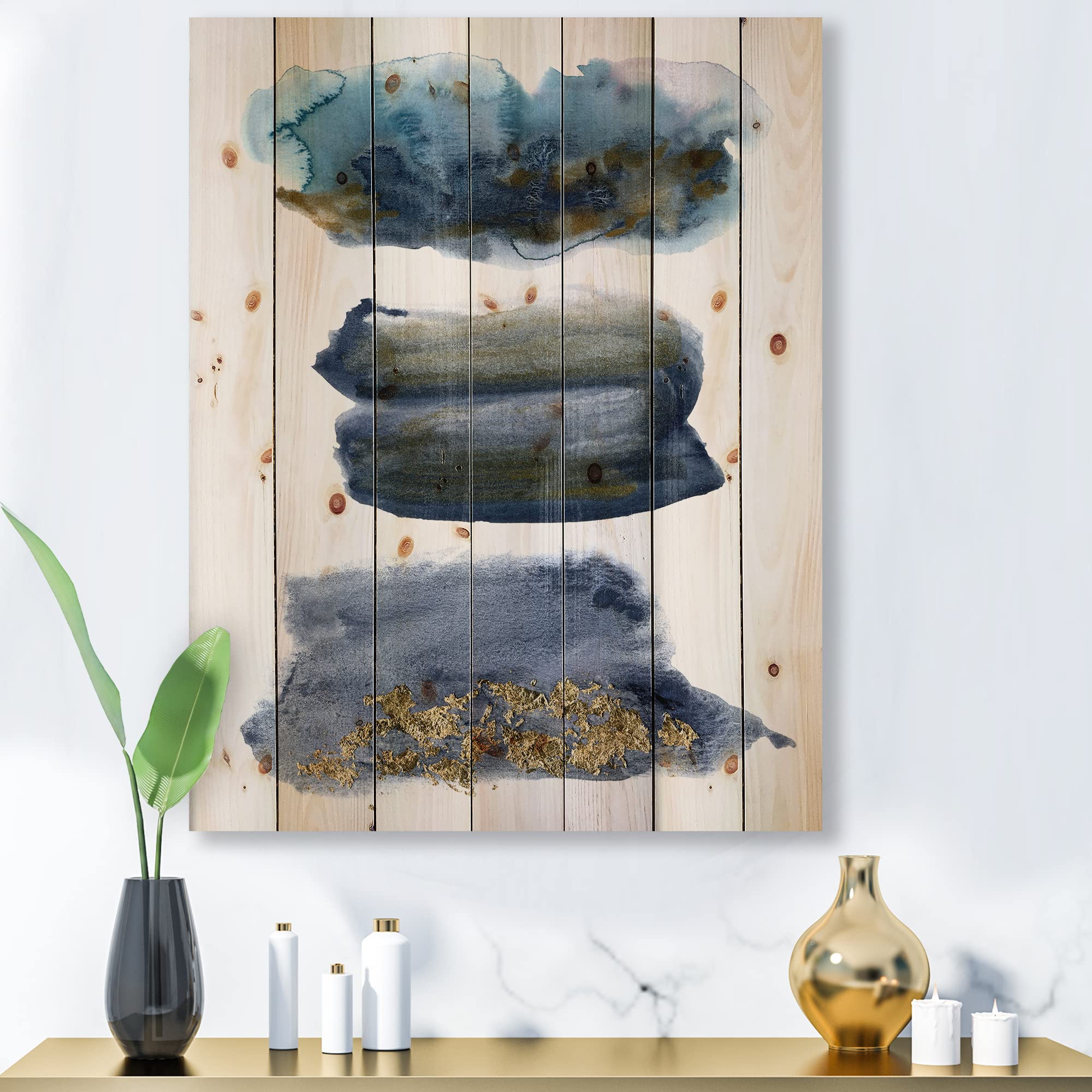 DesignQ Blue Aquatic Abstract Clouds with Gold Accents - Modern Wood Wall Art Decor, Large Contemporary Wooden Panel Printed on Natural Pine - Perfect for Living Room, Bedroom, or Office Wall Decoration