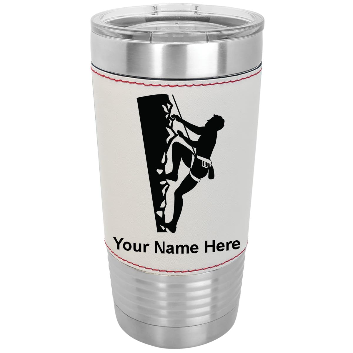 **20oz Vacuum Insulated Tumbler Mug with Personalized Engraving - Stainless Steel, Faux Leather & Baseball Style - Perfect for Rock Climbing, Hiking & Outdoor Adventures**