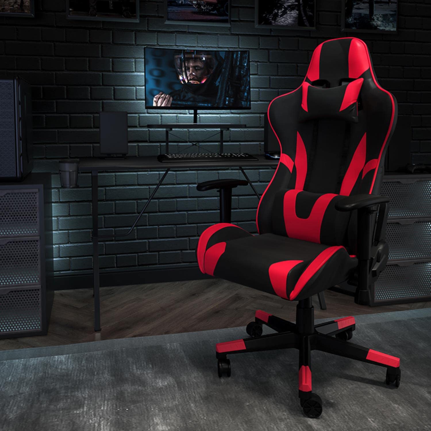 Flash Furniture Optis Black Gaming Desk & Red/Black Reclining Gaming Chair Set with Cup Holder, Headphone Hook & Monitor Stand - Ergonomic PC Gaming Setup for Home Office, Streaming & Esports