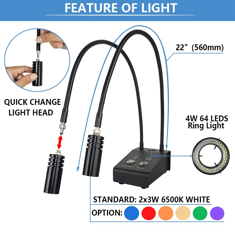 6W Microscope Dual LED Gooseneck Light with 6500K Adjustable Spot & 64-LED Ring Light - Perfect for Stereo Digital Camera, Solder, Phone Repair & Jewelry Inspection (Ideal for Precision Work & Hobbyists)