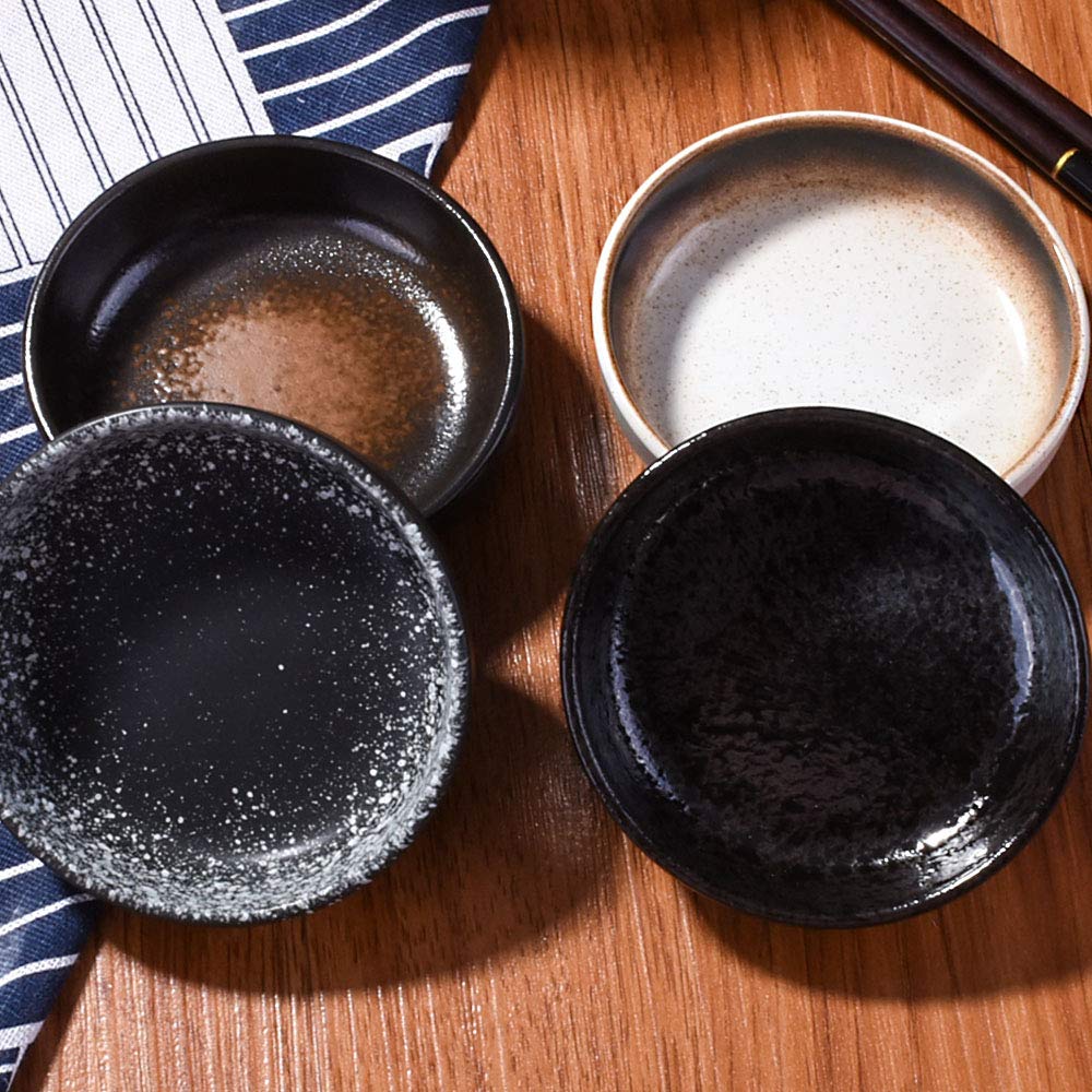 Vintage Japanese Soy Sauce Dish Set - 4 Ceramic Dipping Bowls for Sushi, Salad, Seasoning & Spices | Perfect for Asian Cuisine, Home Dining & Restaurant Use