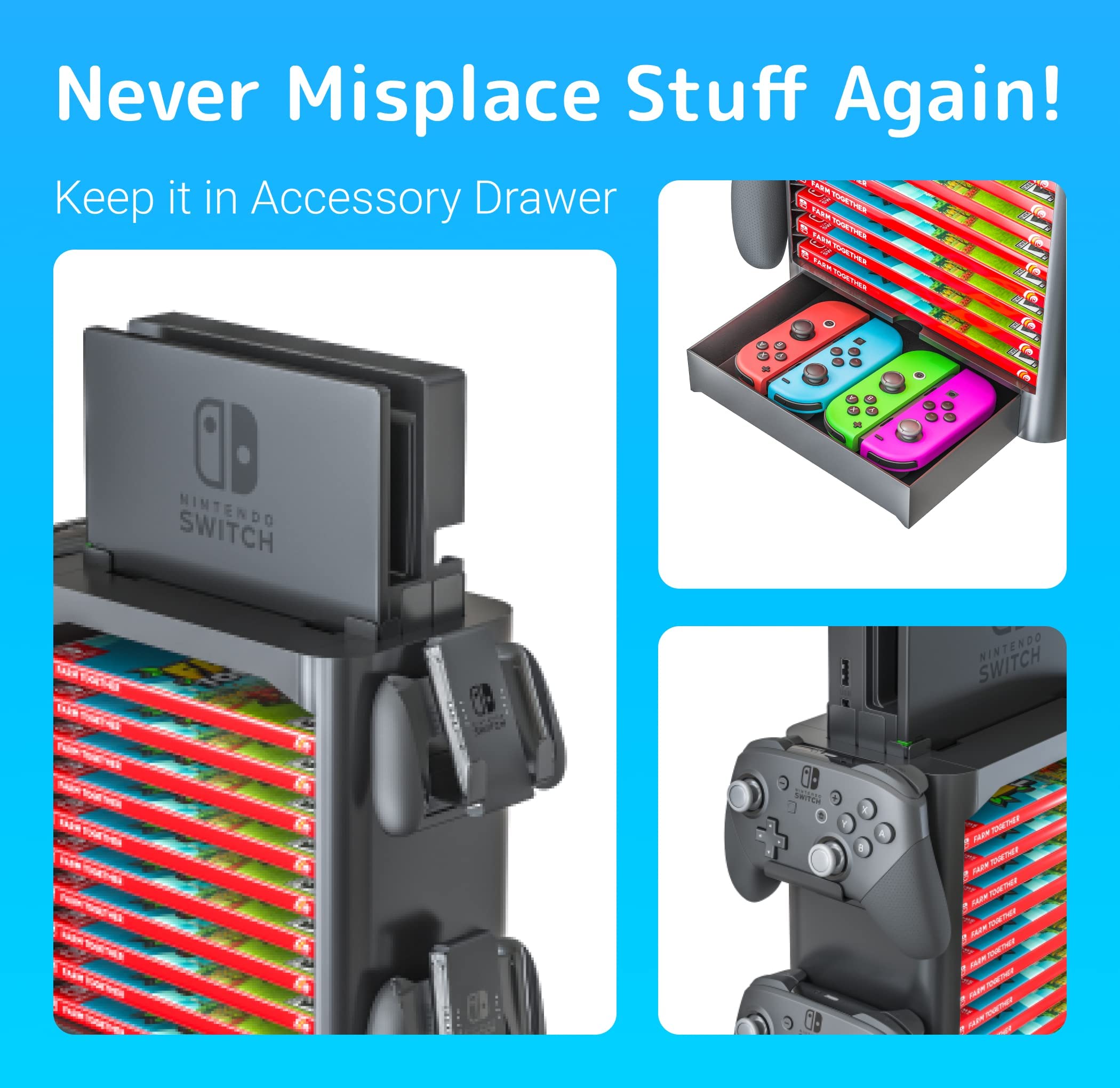 Skywin Nintendo Switch Game Storage Tower & Game Card Holder - Organizes 28 Games, Controllers & Accessories - Perfect for Gaming Setup & Travel