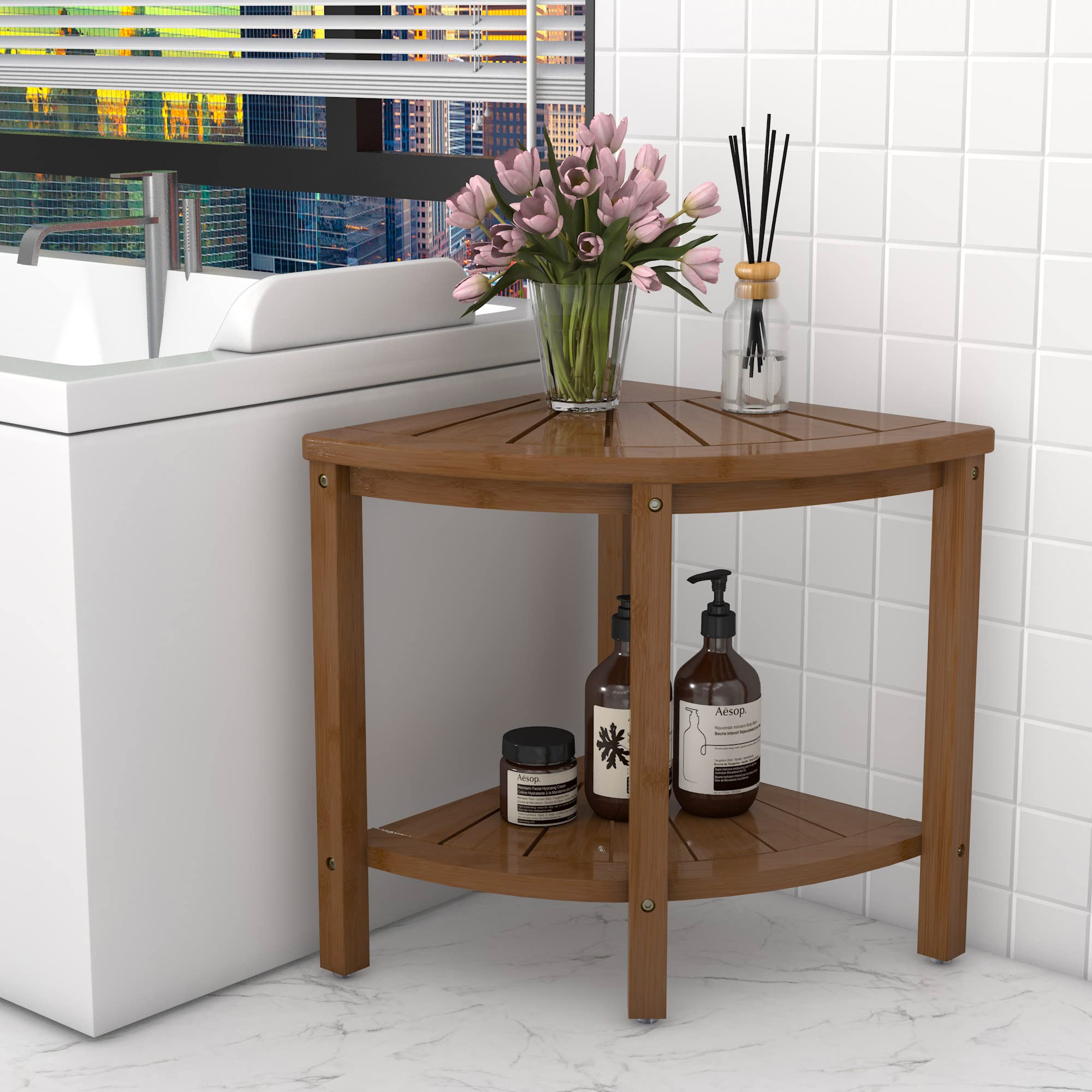 Premium Bamboo Shower Stool with Storage Shelf - Waterproof Bathroom Bench for Shaving Legs, Spa Relaxation & Shower Seating - Ideal for Elderly, Disabled & Small Bathroom Spaces
