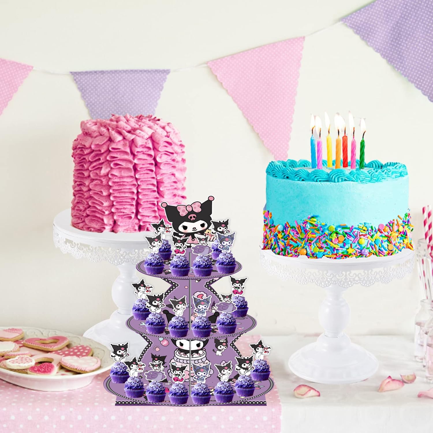Kawaii Cartoon Birthday Decorations - 3 Tier Purple Cupcake Stand for Kids Party Supplies | Dessert Display Stand for Birthday, Baby Shower & Wedding | Cute Paper Cupcake Holder for Party Decor