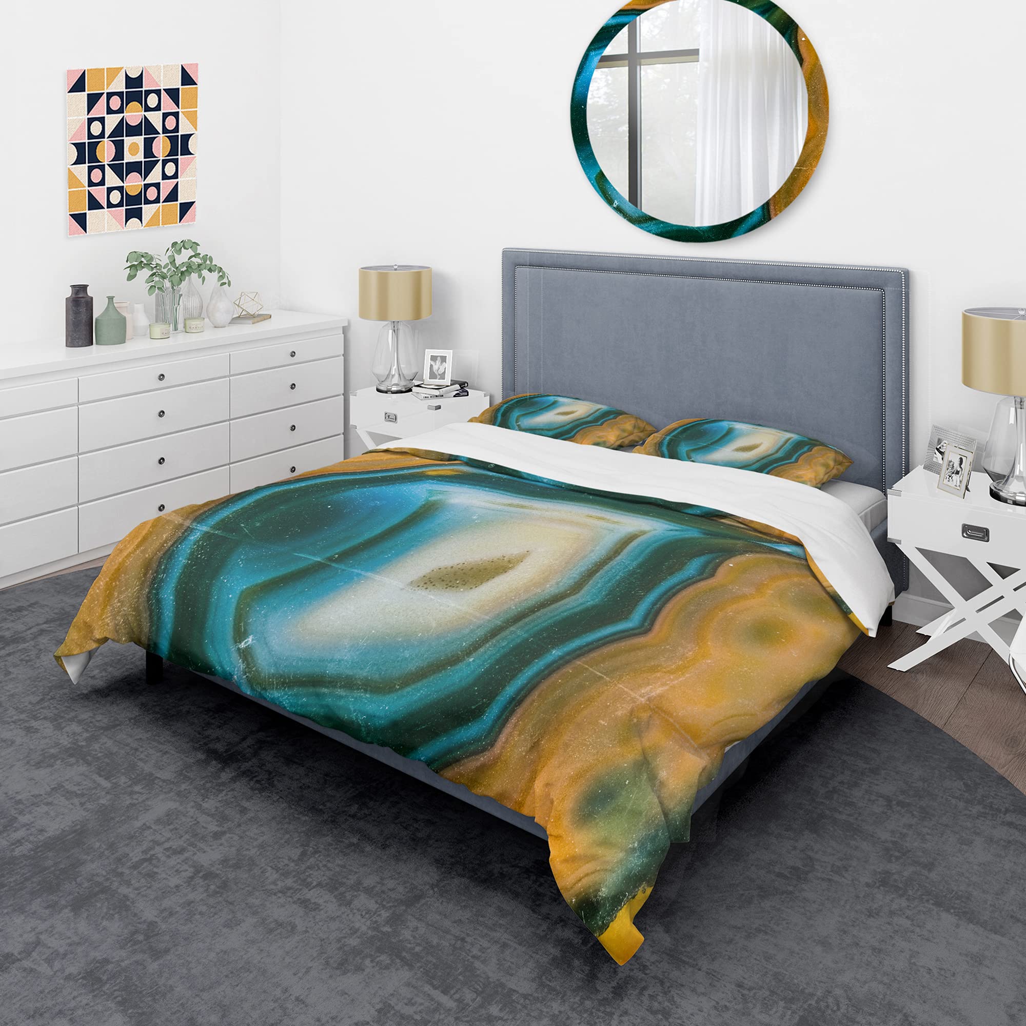 DesignQ Blue Agate Pattern Duvet Cover Set King - 3 Piece Abstract Bedding Set | Modern & Contemporary All Season Comforter Cover | Perfect for Master Bedroom, Guest Room & Luxury Hotel Decor