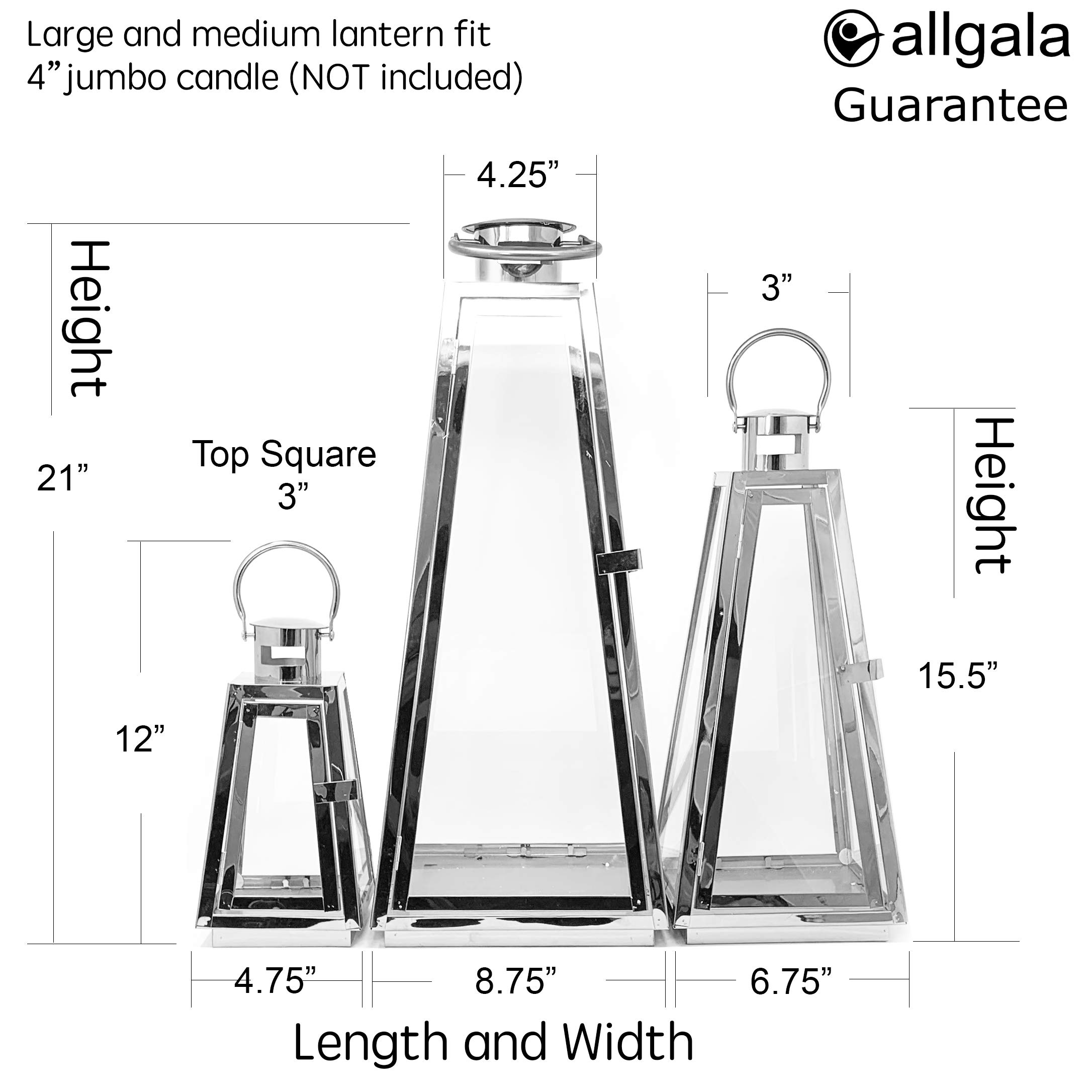 Allgala 3-Piece Jumbo 24-Inch Modern Lantern Set - Silver Chrome Stainless Steel Tapered Trapezoid Frame with Tempered Glass - Indoor/Outdoor Decorative Candle Holders for Garden, Patio, Fireplace, Wedding & Home Decor
