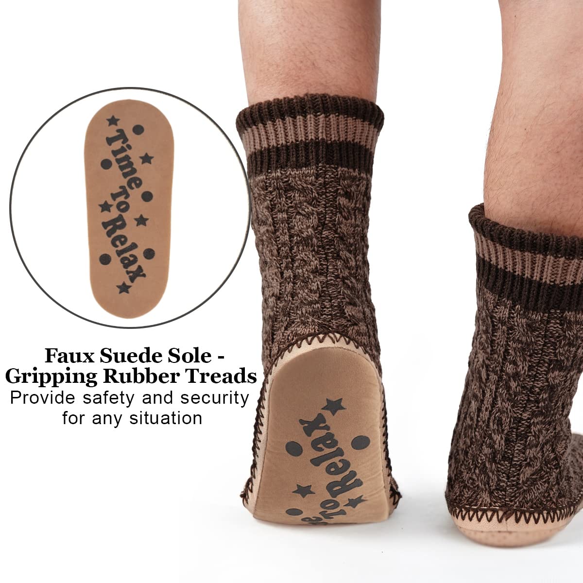 Men's Winter Cable Knit Non-Slip Slipper Socks - Warm Sherpa Lined Cozy Indoor House Socks for Cold Weather | Perfect for Lounging, Home Comfort & Holiday Gifts