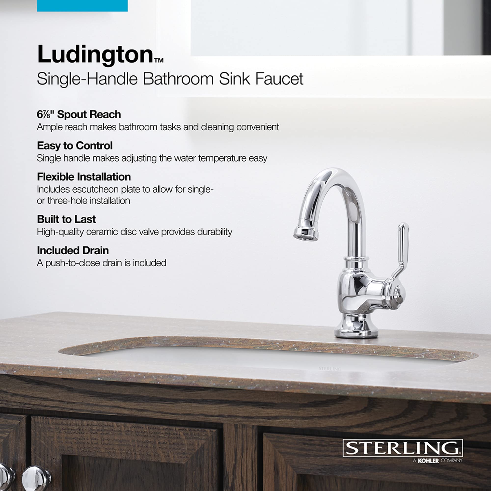 Ludington Single-Handle Bathroom Sink Faucet - Modern Waterfall Spout, Brushed Nickel Finish for Bathroom Vanity & Powder Room - Perfect for Home, Hotel & Commercial Use