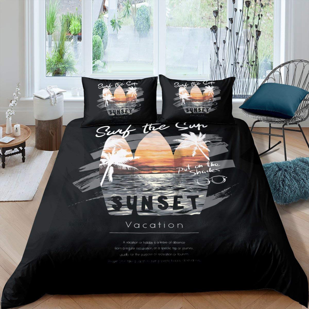 Erosebridal Surfing Bedding Set - Palm Trees & Surfboards Duvet Cover, Hawaii Coastal Ocean Theme Comforter, Soft Twin Size Bedspread (2Pcs) for Beach House, Dorm Room & Tropical Bedroom Decor