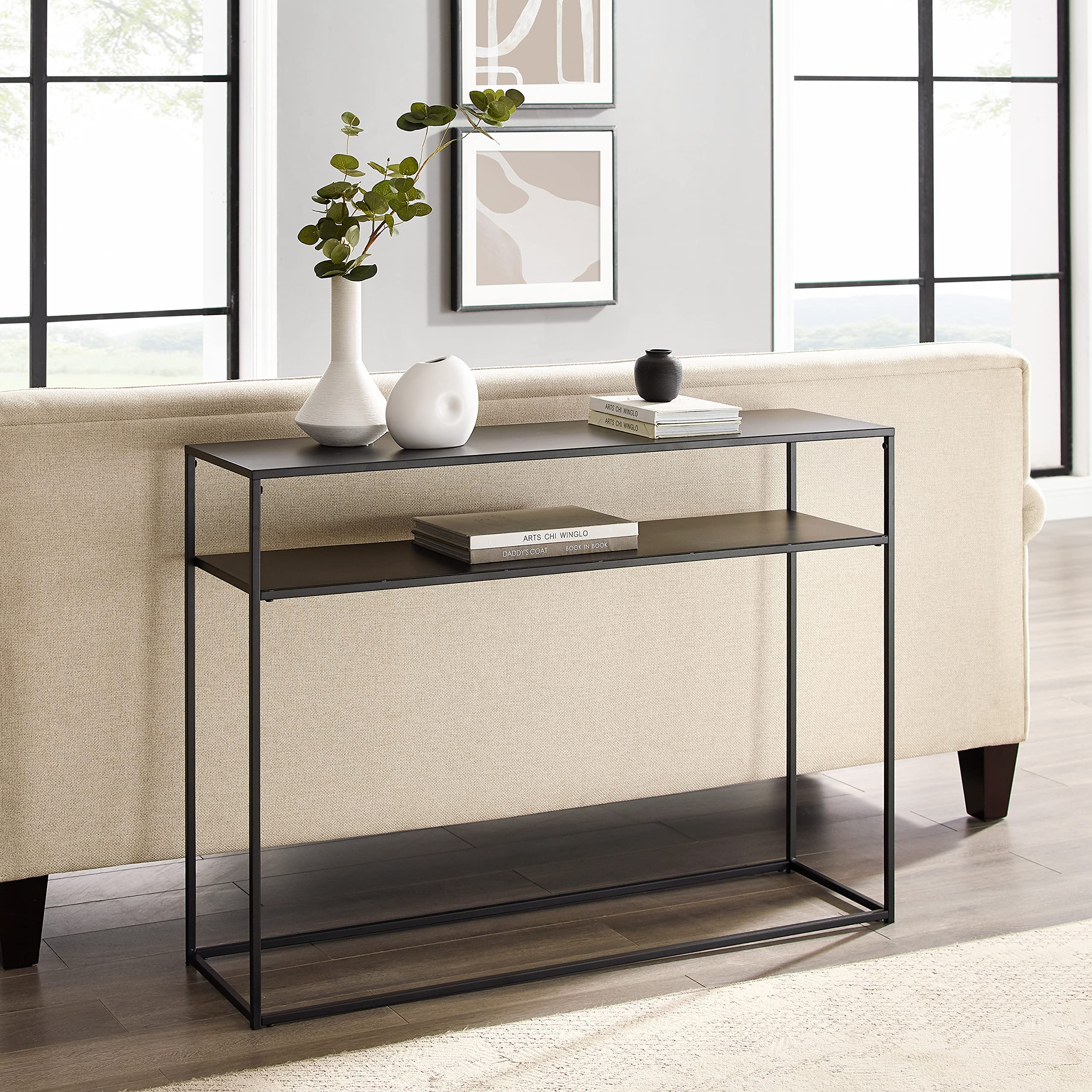Crosley Furniture Braxton Sofa Console Table with Storage Shelf - Hallway, Entryway, Living Room Accent Table - Matte Black Finish for Modern Home Decor