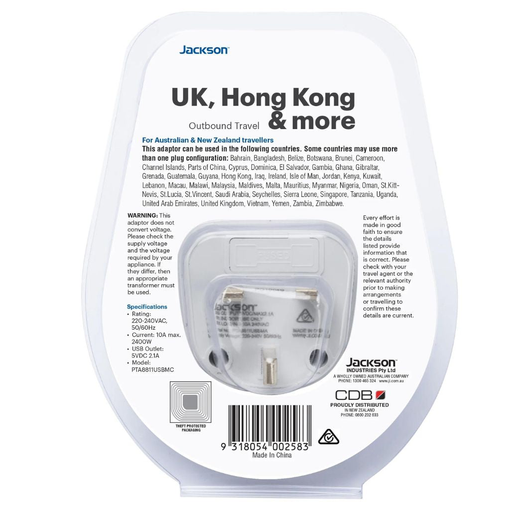 Jackson Outbound Slim USB A & C Travel Adapter - Dual Port Fast Charging for USA, UK, HK - Compact & Lightweight for Business Trips, Vacations, Hotels