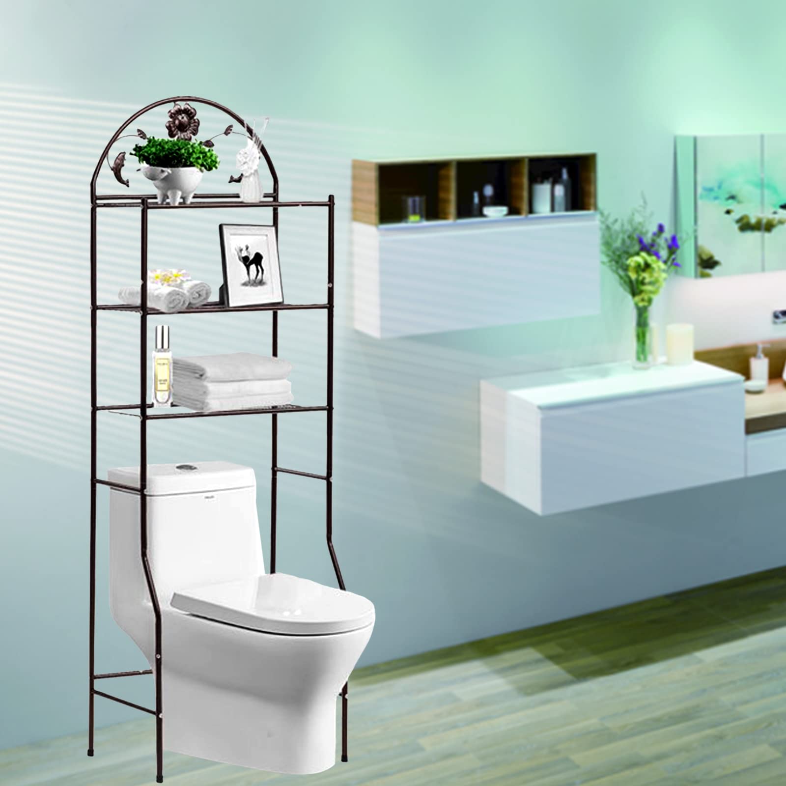 LYNICESHOP 3-Tier Over The Toilet Storage Shelf - Heavy Duty Iron Bathroom Organizer Space Saver, Free Standing Toilet Shelf Rack in Bronze - Perfect for Small Bathrooms, Apartments & Dorm Rooms to Maximize Storage Space
