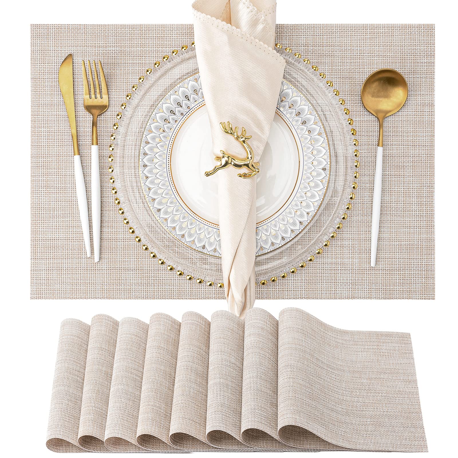 8-Pack Washable Vinyl Placemats for Dining Table - Indoor/Outdoor PVC Woven Table Mats (Beige) | Perfect for Patio, Picnic, Kitchen & Restaurant Use