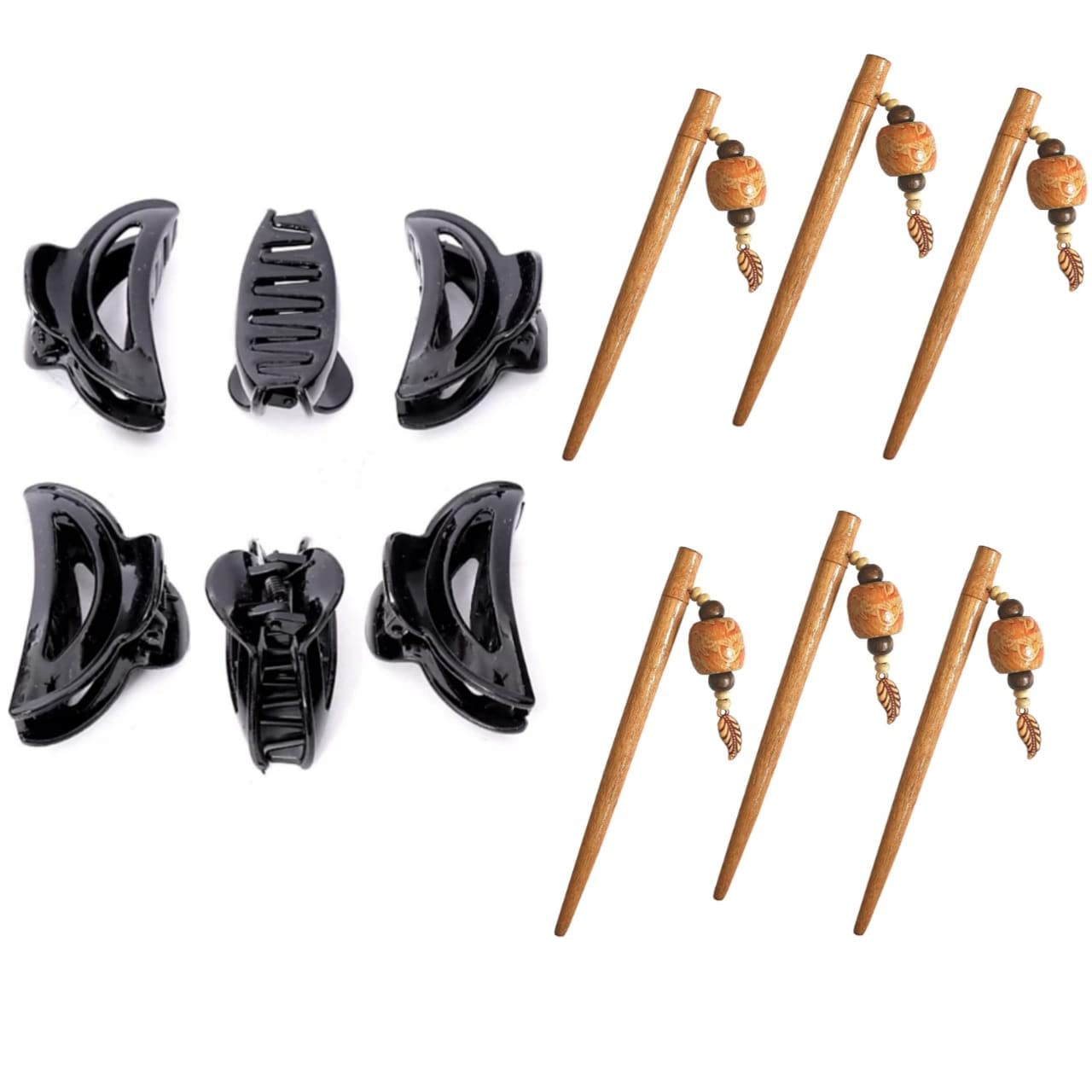 Zintalic 6-Piece Black Claw Hair Clip Set with 6 Wooden Juda Sticks - Hair Accessories for Women, Girls - Perfect for Ponytails, Buns & Everyday Styling