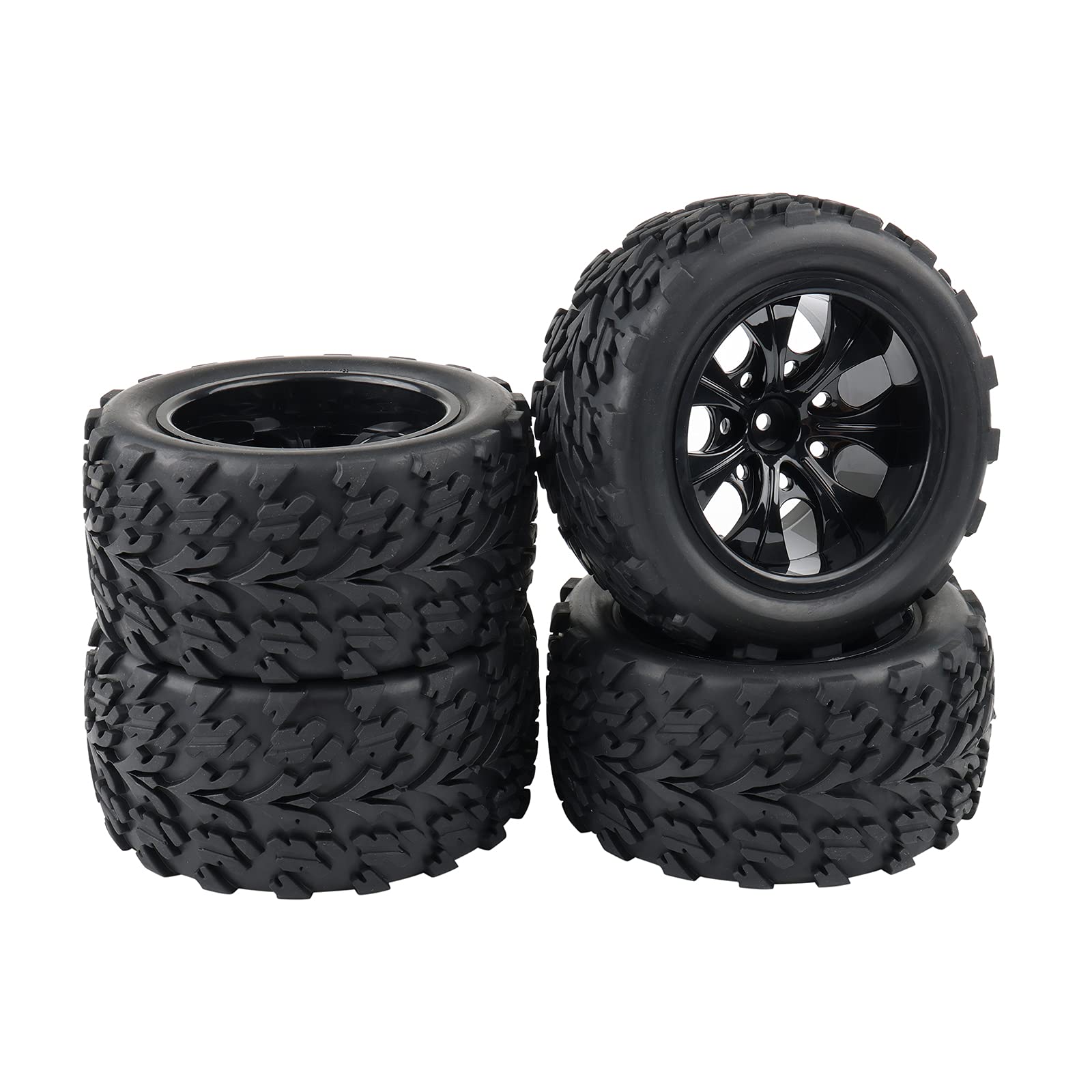 4X 1:10 Scale RC Monster Truck Wheels - Heavy Duty Rubber Tires with 7 Spoke Alloy Rims (Black) - Replacement Parts for Off-Road RC Cars - Perfect for Racing, Crawling & Bashing on Rough Terrain