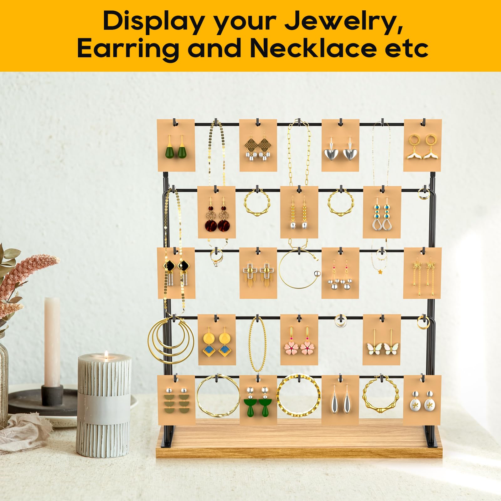 ORLESS Jewelry Display Stand for Vendors - 35 Hooks Earring Holder, Necklace & Bracelet Display Stand with Cards - Perfect for Boutiques, Craft Fairs & Retail Stores