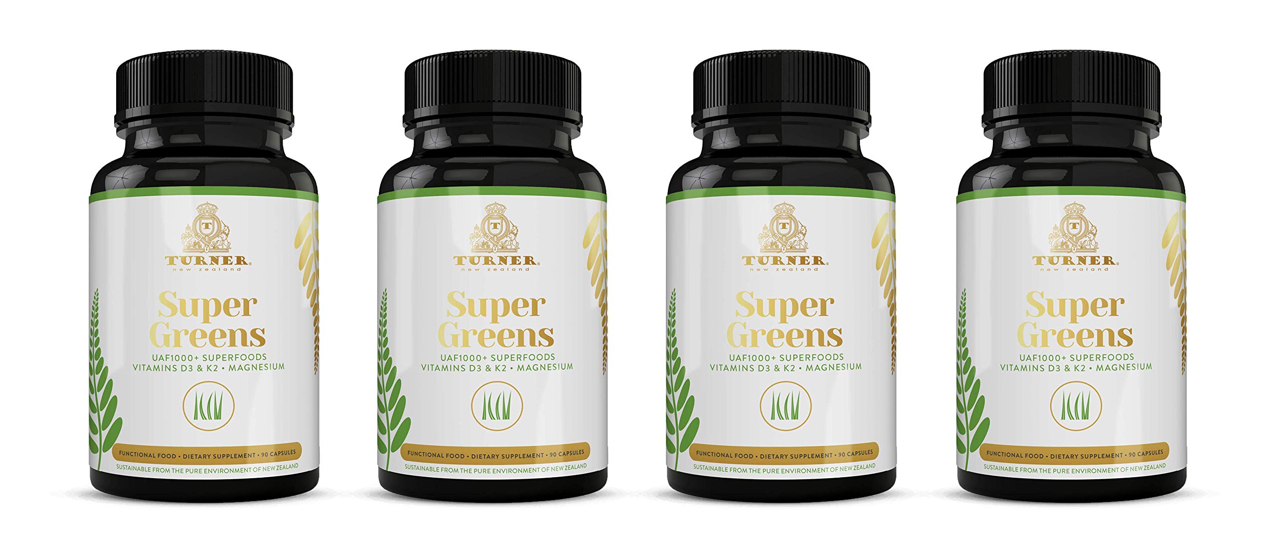 TURNER Super Greens Capsules with UAF1000+ | Wheat Grass Supplement | All-Natural New Zealand Green Superfood Energy | Essential Veggies, Antioxidants & Enzymes | Detox & Cleanse Support | 360 Capsules (4 Bottles) | Boost Energy & Immunity for Busy Lifestyles