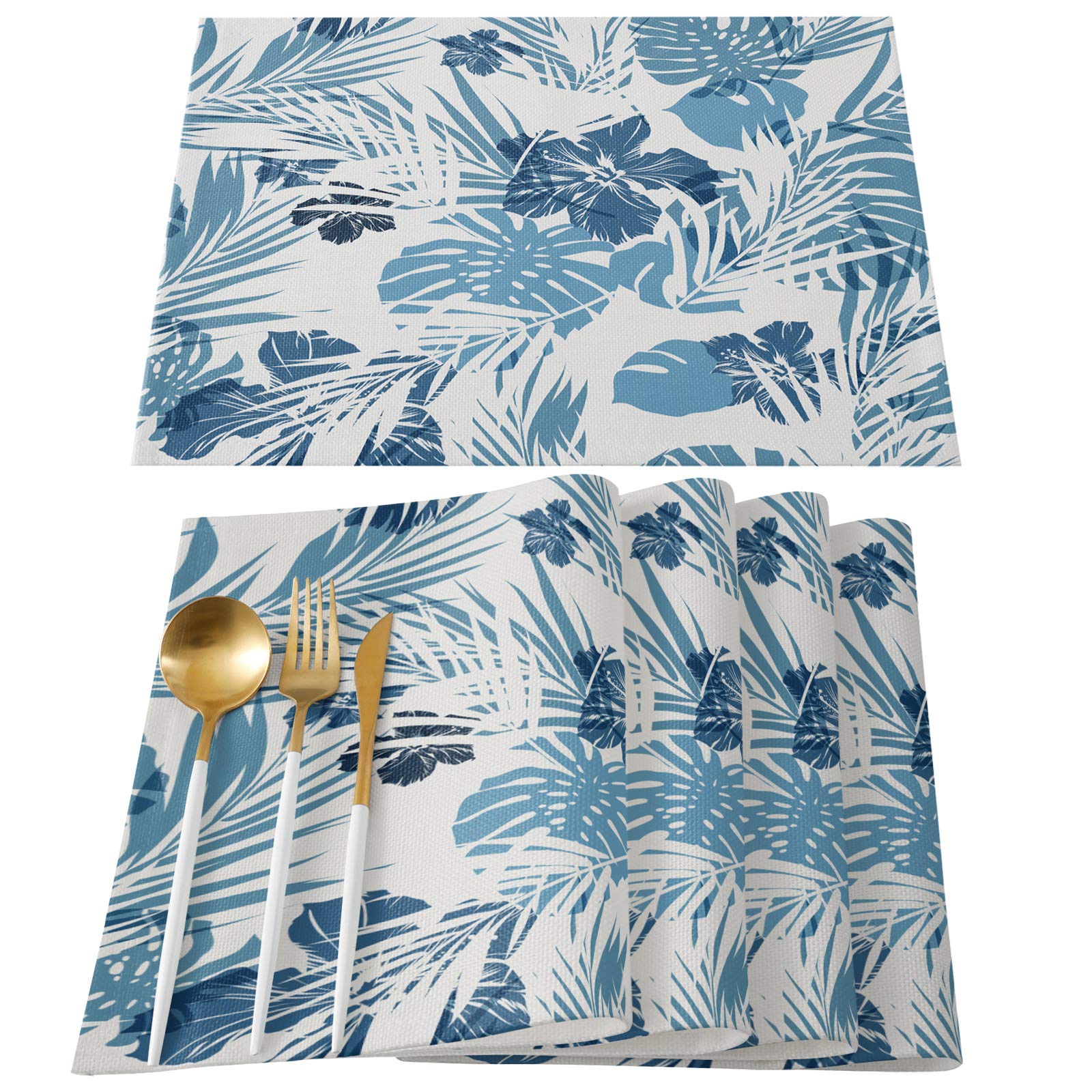 Tropical Blue Palm Leaf Cotton Linen Placemats Set of 4 - Heat Resistant, Non-Slip & Washable Table Mats for Dining Table Decor, Kitchen, Holiday Banquet - Perfect for Beach House, Summer Parties & Boho Home Decor