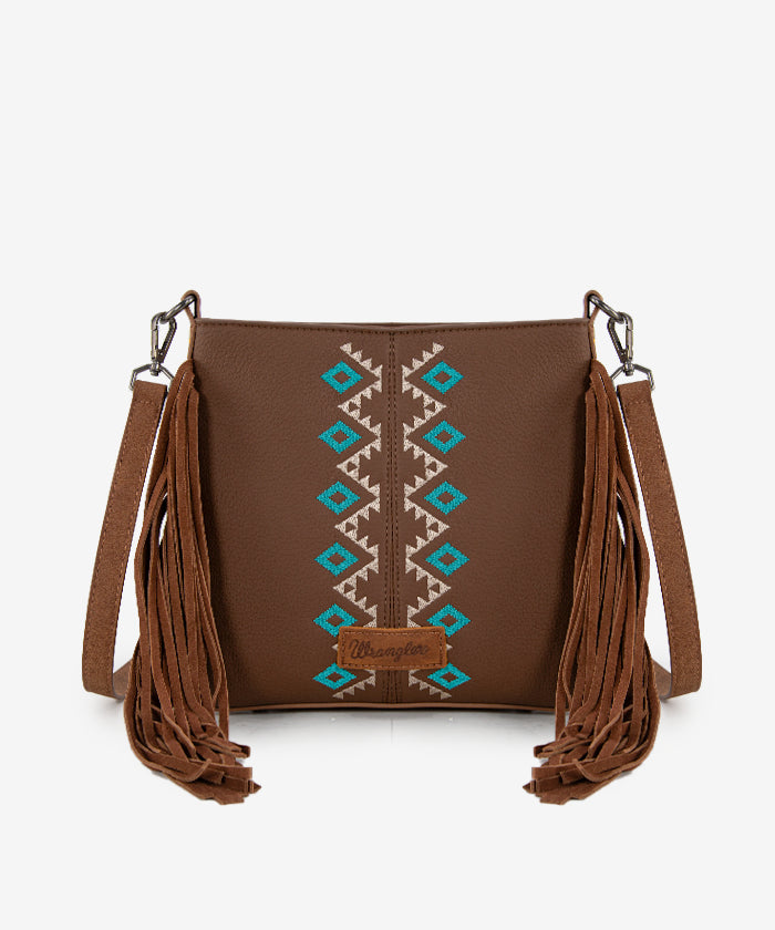 Wrangler Aztec Embroidered Fringe Crossbody Bag for Women - Boho Chic Handbag Perfect for Music Festivals & Everyday Use