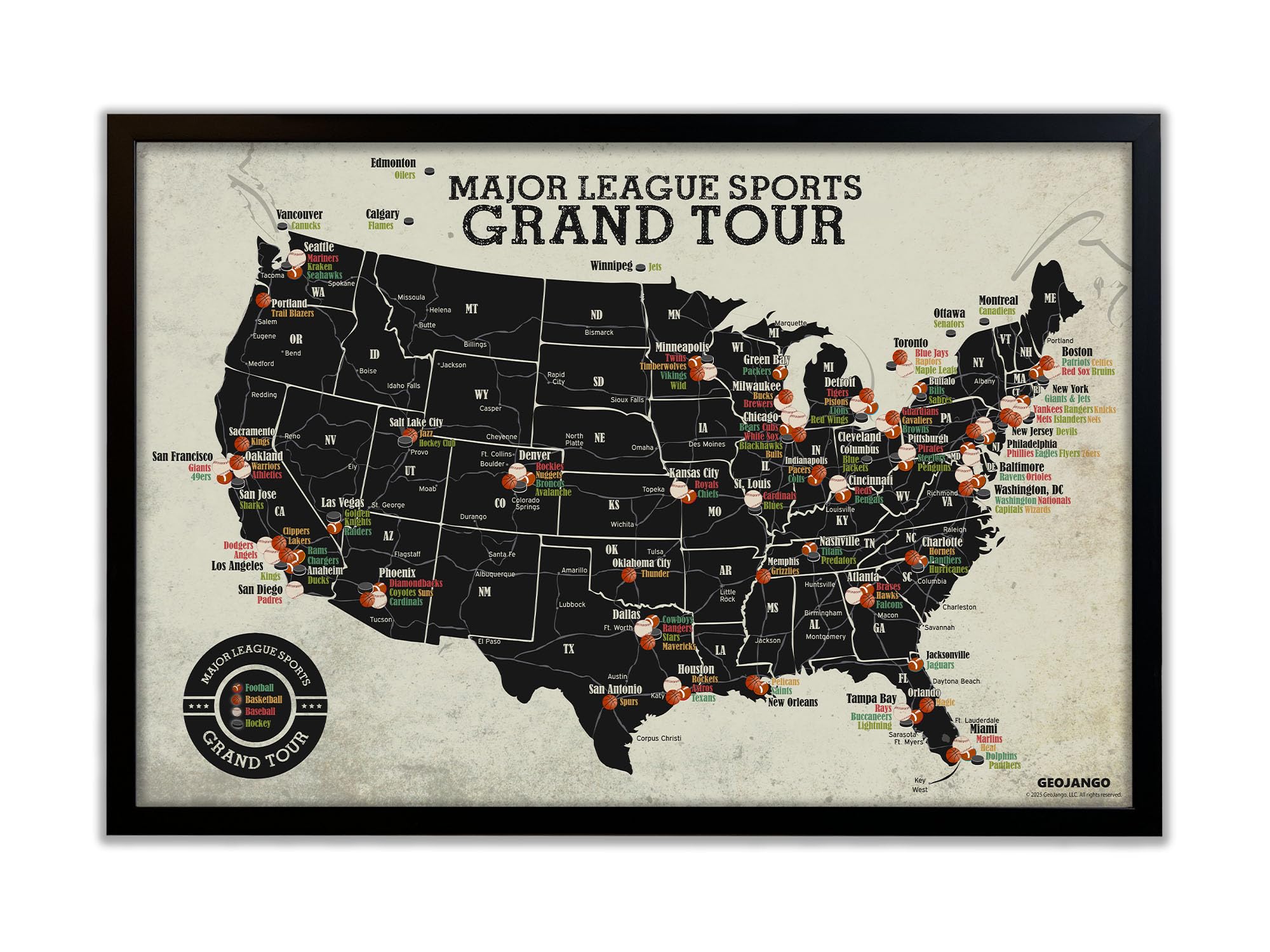 Grand Tour Sports Map - Professional MLB, NFL, NHL & NBA Stadium Locations | Framed Wall Decor with Push Pins | Perfect for Sports Fans, Man Cave & Game Room Decor