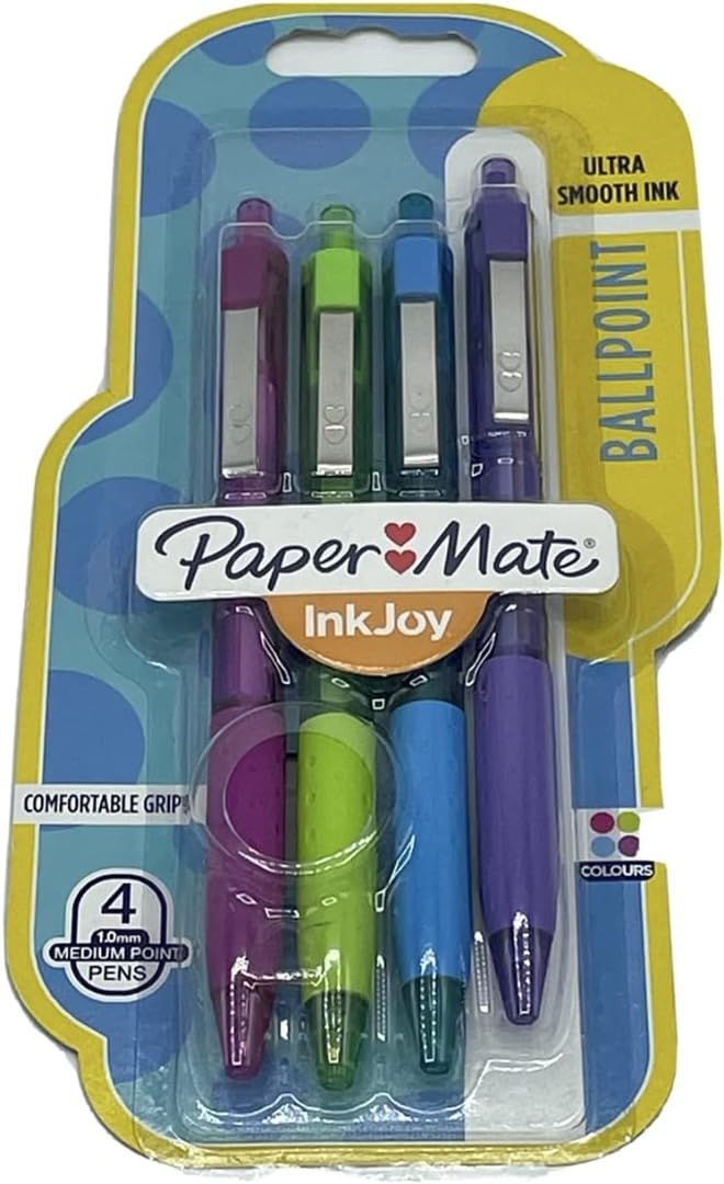 Paper Mate InkJoy 4-Pack Ballpoint Pens - Ultra Smooth Writing, Vibrant Colors (Magenta, Lime, Turquoise, Purple) - Perfect for Office, School & Creative Projects (1968178)