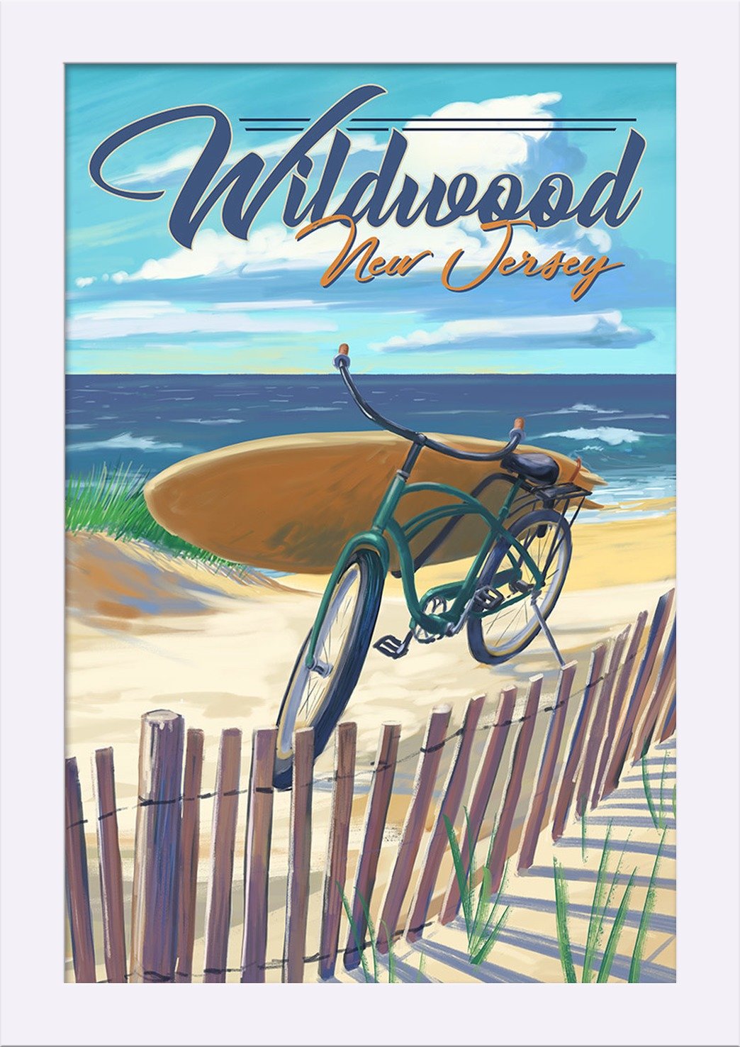 Wildwood NJ Beach Cruiser Bicycle Fine Art Print - 12x18 Giclee on Recycled Wood Frame, White - Perfect for Coastal Home Decor & Beach House Wall Art