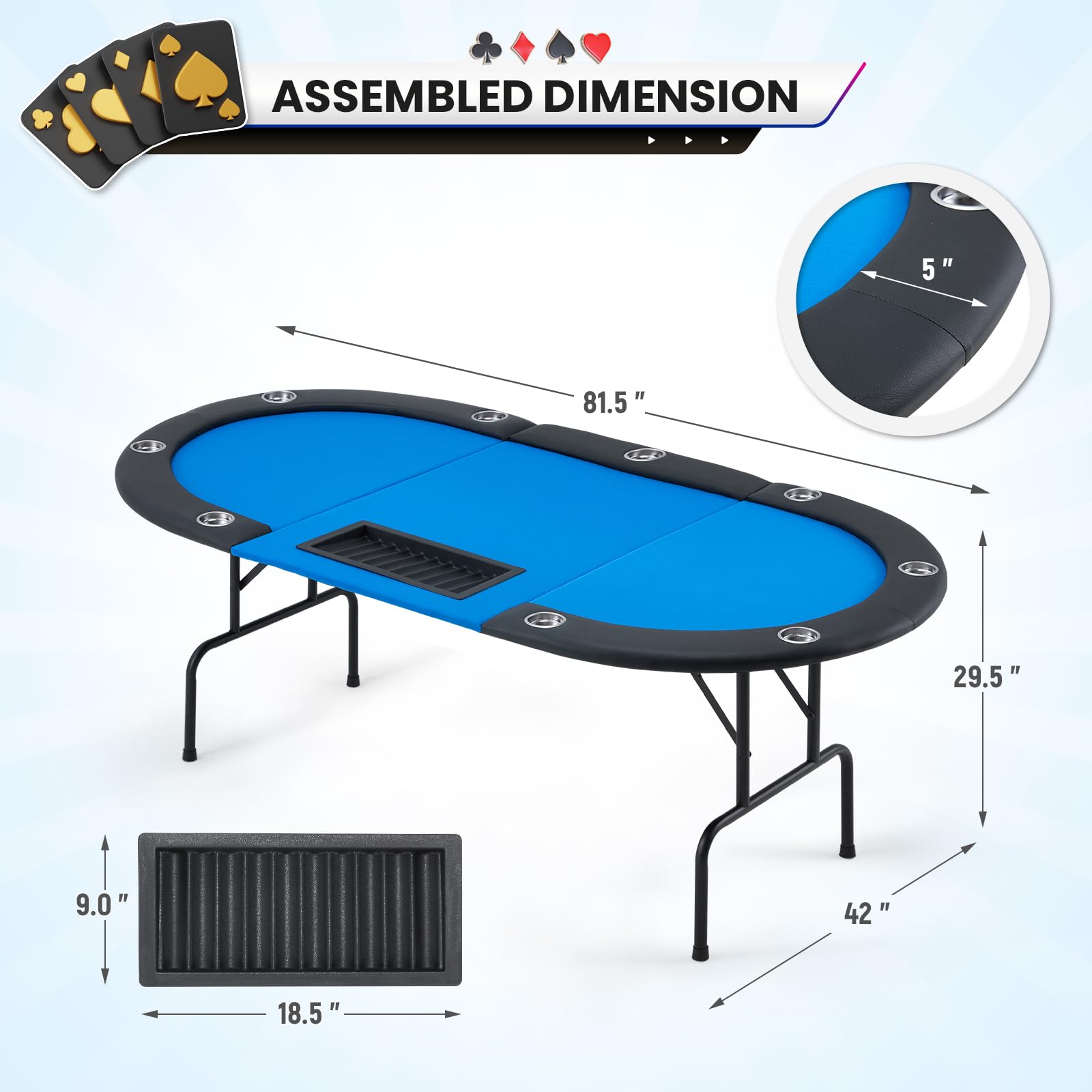 Premium ECOTOUGE Poker Table with Stainless Steel Cup Holders - Professional Texas Hold'em Casino Game Table with Sturdy Legs (Blue, Oval) for Home Game Nights, Poker Parties & Casino-Themed Events