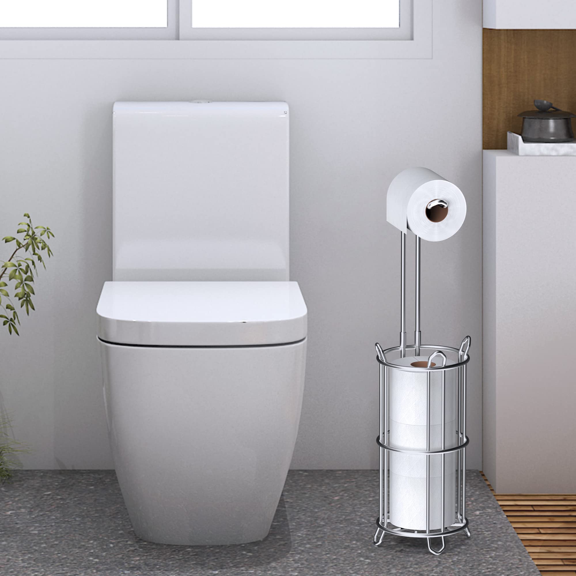 Meangood Free Standing Toilet Paper Holder Stand - Metal Wire Tissue Roll Dispenser for 4 Mega Rolls, Bathroom Storage Rack (Silver) | Perfect for Home, Office & RV Bathroom Organization