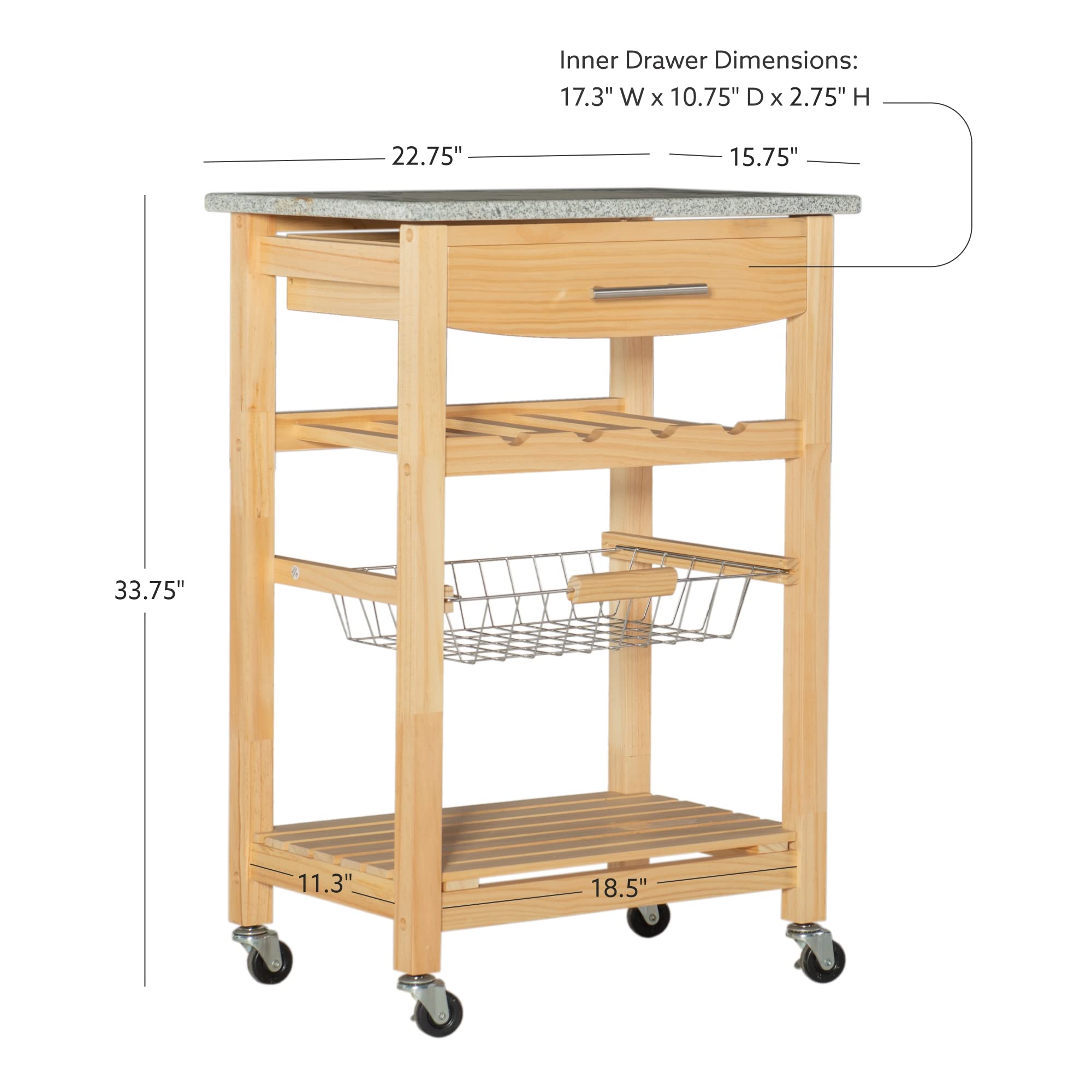 Linon Mila Natural Granite Kitchen Island with Storage Basket & Wheels - Mobile Kitchen Cart for Small Spaces, Food Prep & Extra Counter Space