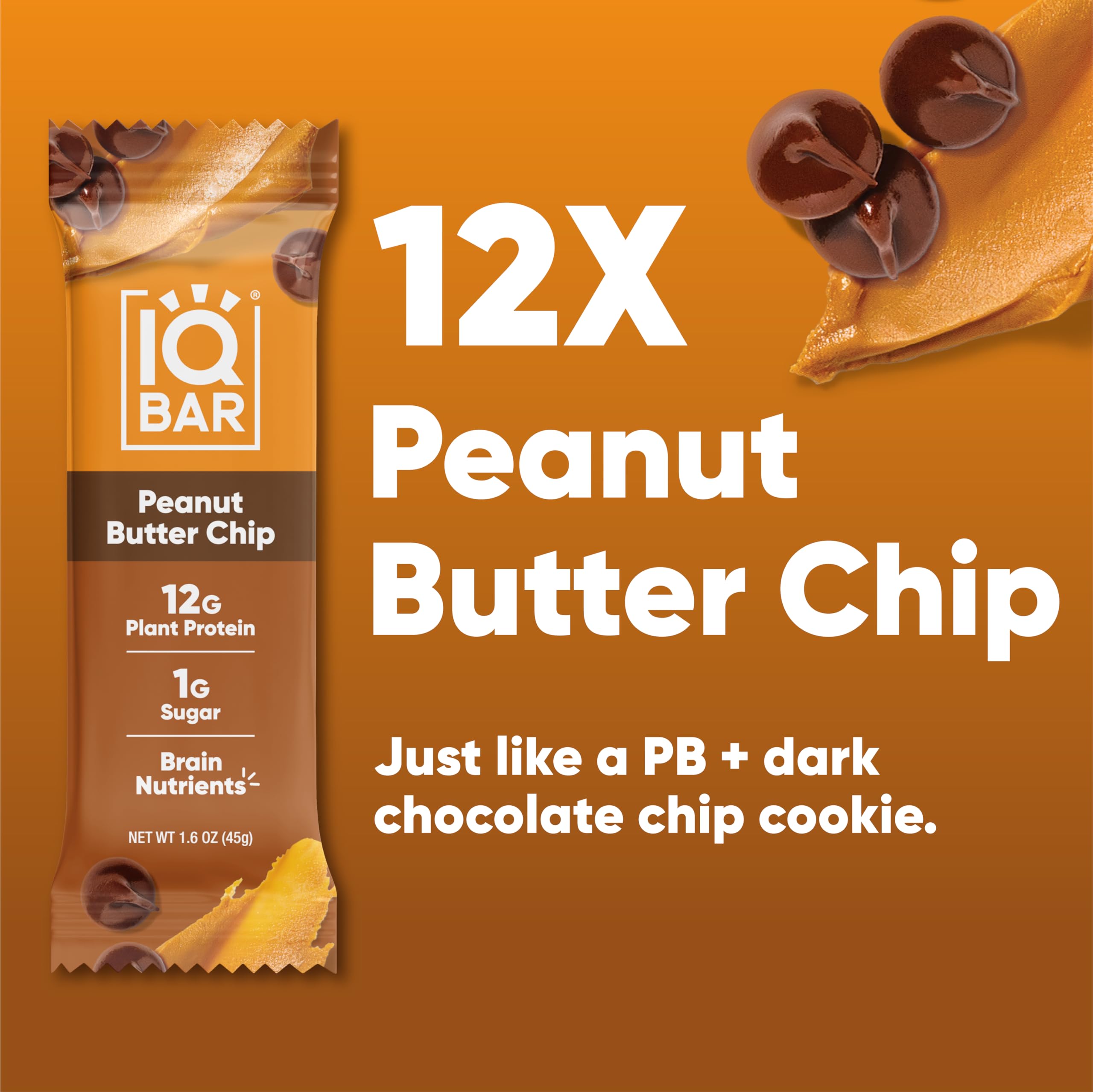 IQBAR Brain & Body Plant Protein Bars - Peanut Butter Chip (12 Count) | Low Carb, High Fiber, Gluten Free, Vegan, Keto-Friendly Snacks | Perfect for Workouts, Hiking & On-the-Go Energy