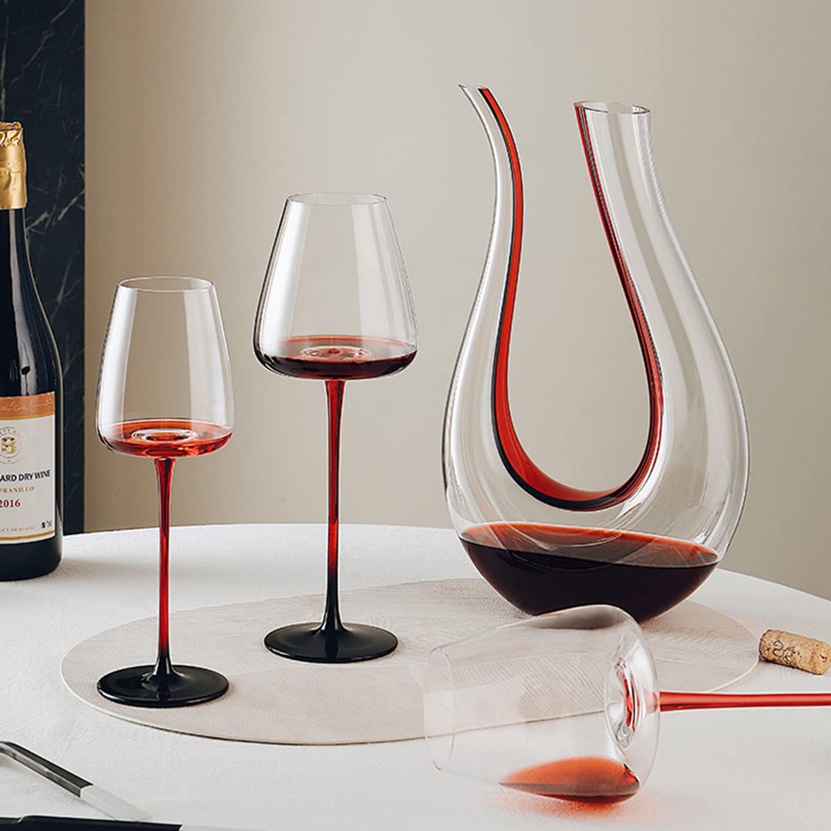 Premium Hand Blown Crystal Champagne Flutes & Wine Decanter Set - 35oz Aerator Decanter with 6 Elegant 12oz Stemware Glasses for Sparkling Wine, Wedding, Anniversary Gifts & Dinner Parties (Clear)