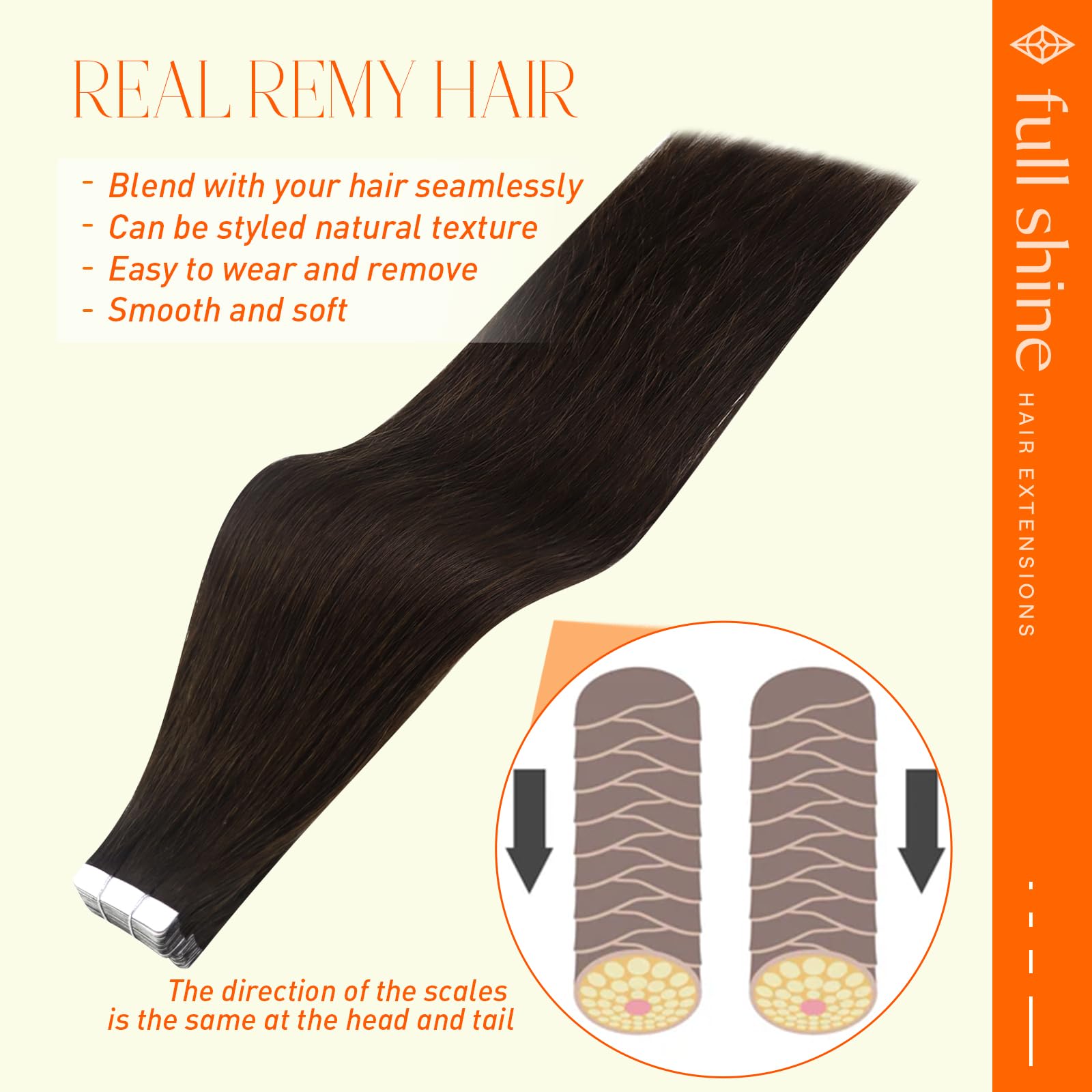 Full Shine 100% Real Human Hair Extensions - 40 Pcs Double Sided Tape-in 14 Inch Natural Straight Darkest Brown Seamless Weft Hair Extensions (100g) for Daily Styling, Volume Boost & Special Occasions