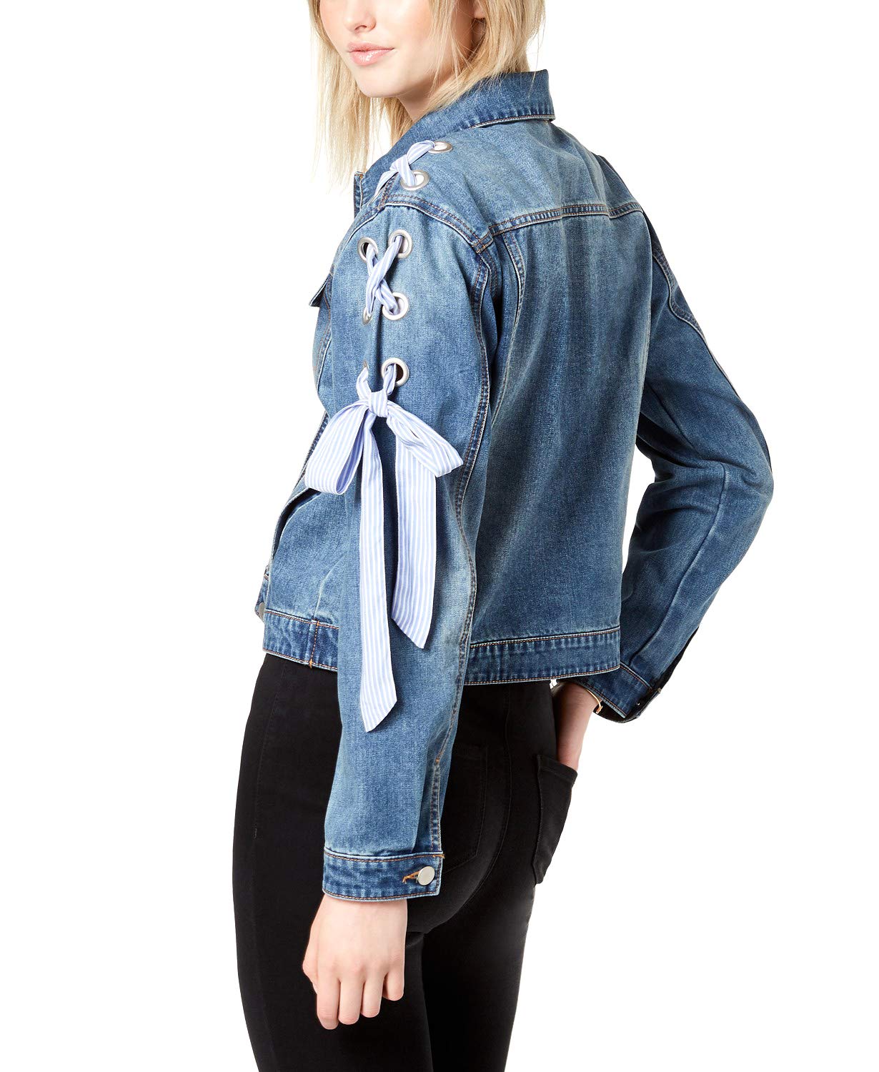 Maison Jules Women's Lace Up Denim Jacket - Medium Wash Distressed Denim Jacket for Women Size 2XS | Casual Spring Fall Outerwear for Street Style & Date Nights