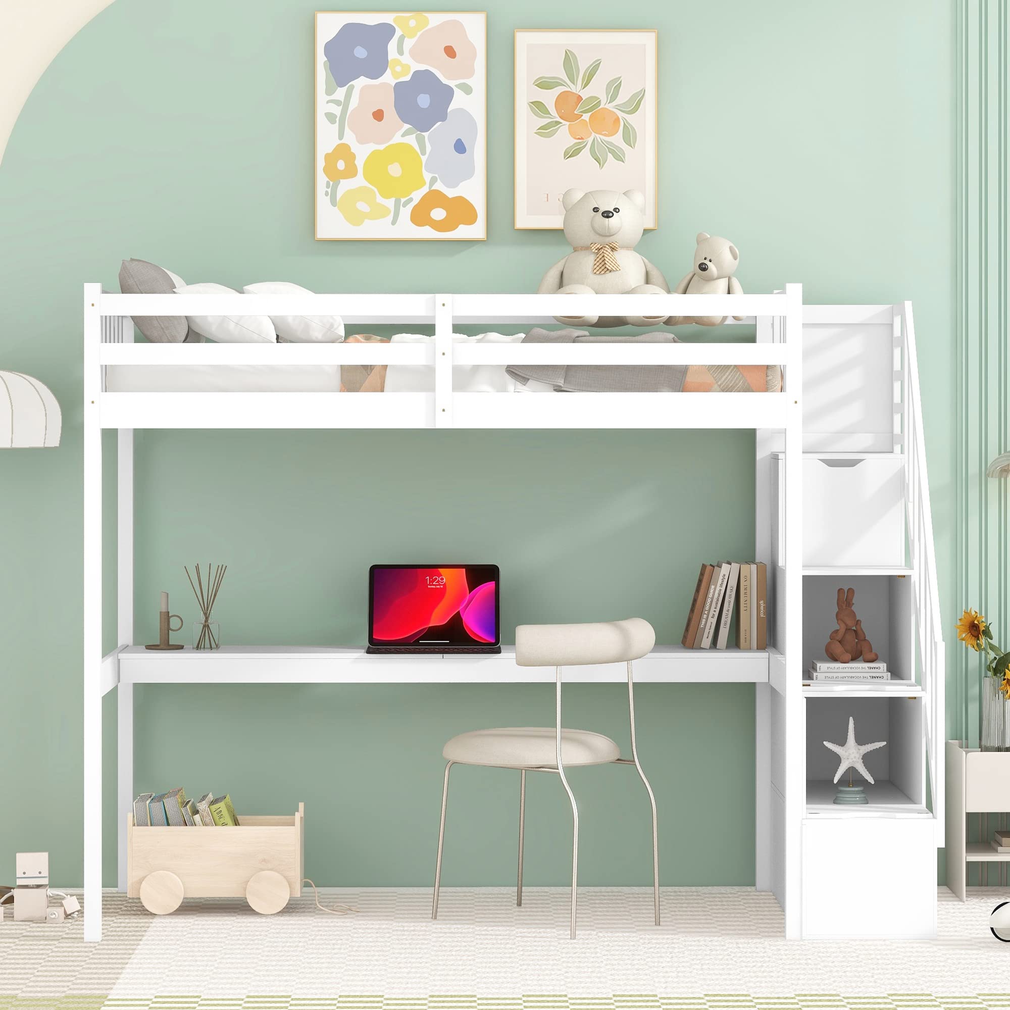 **MERITLINE Twin Loft Bed with Desk & Stairs - Wooden Loft Bed with Storage for Kids, Girls & Boys - Space-Saving Bedroom & Dorm Furniture (White, Twin Size) - Perfect for Small Rooms, Apartments & Shared Spaces**