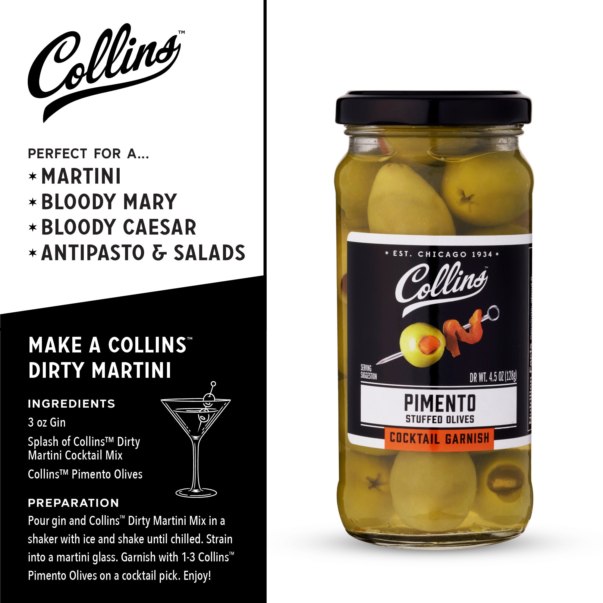 Gourmet Martini Pimento Olives 4.5 oz (127g) - Premium Stuffed Olives for Cocktails, Charcuterie Boards & Mediterranean Recipes