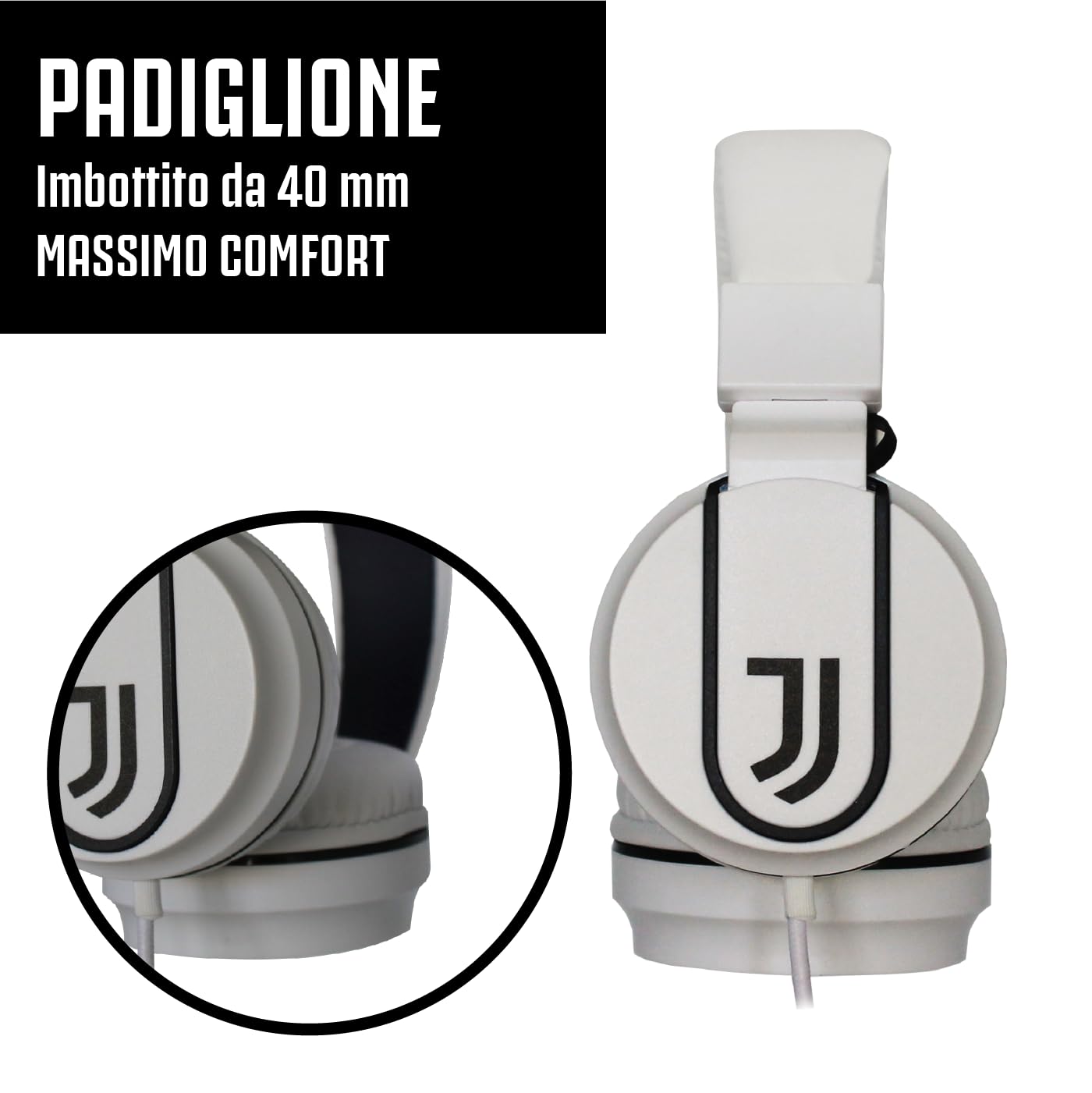 Official Juventus FC Gaming Headset with Built-in Microphone - On-Ear Headphones with 3.5mm AUX Cable & USB-C Adapter - White/Black - Perfect for Gaming, Streaming & Online Classes