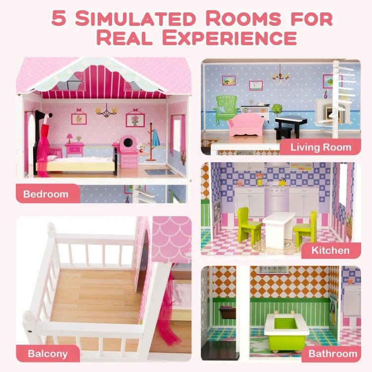 Pink Wooden Dollhouse with Functional Elevator & Rotating Staircase - Perfect for Kids' Pretend Play & Room Decor