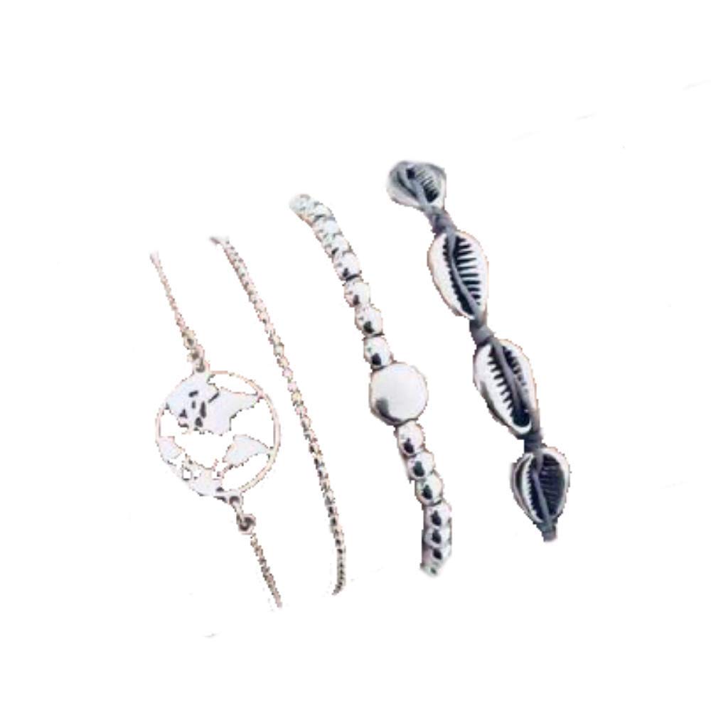 AFONiE Silver Ocean World Beaded Bracelet Set for Women - Adjustable Bohemian Charm Link Pendant Stackable Bracelets - Perfect for Wedding, Birthday, Party, Gift for Friends & Family - 4 Piece Jewelry Set - Ideal for Boho Fashion, Beach Outfits & Everyday Wear