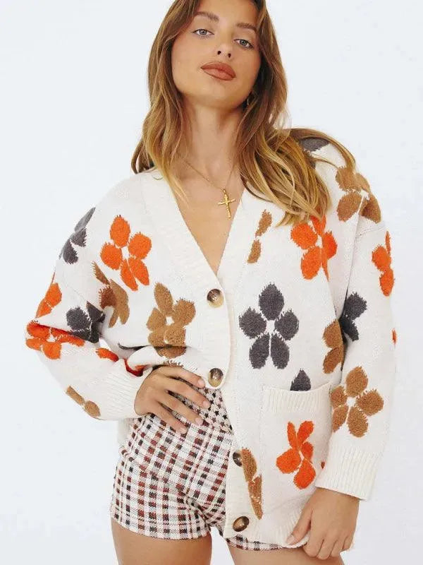 Stylish Jacquard Drop Shoulder Sleeve Cardigan Sweater for Women - Perfect for Fall Layering & Casual Outfits