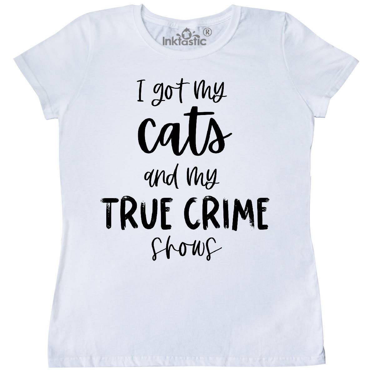 Inktastic Women's Funny Cat & True Crime T-Shirt - Cute Graphic Tee for Cat Lovers & Crime Show Fans - Perfect for Casual Wear, Gifts & Everyday Outfits