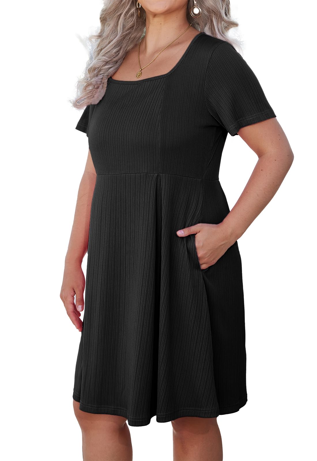 Plus Size Women's Short Sleeve Summer Dress - Square Neck Flowy Swing Knee-Length Casual Dress with Pockets | Perfect for Beach, Vacation & Everyday Wear
